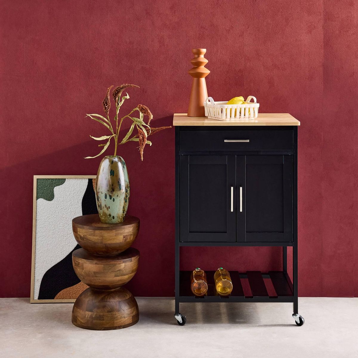 SWEEEK Desserte de cuisine BENDOR plateau en bois d'hévéa, 56 x 46 x 90 cm, 4 roues, 1 tiroir, 2 étagère, 1 double porte, style contemporain