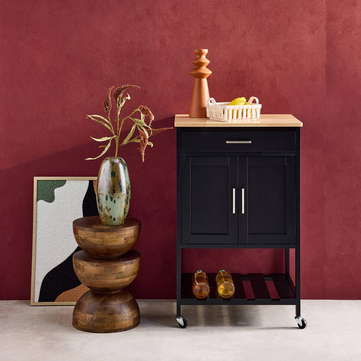 SWEEEK Desserte de cuisine BENDOR plateau en bois d'hévéa, 56 x 46 x 90 cm, 4 roues, 1 tiroir, 2 étagère, 1 double porte, style contemporain