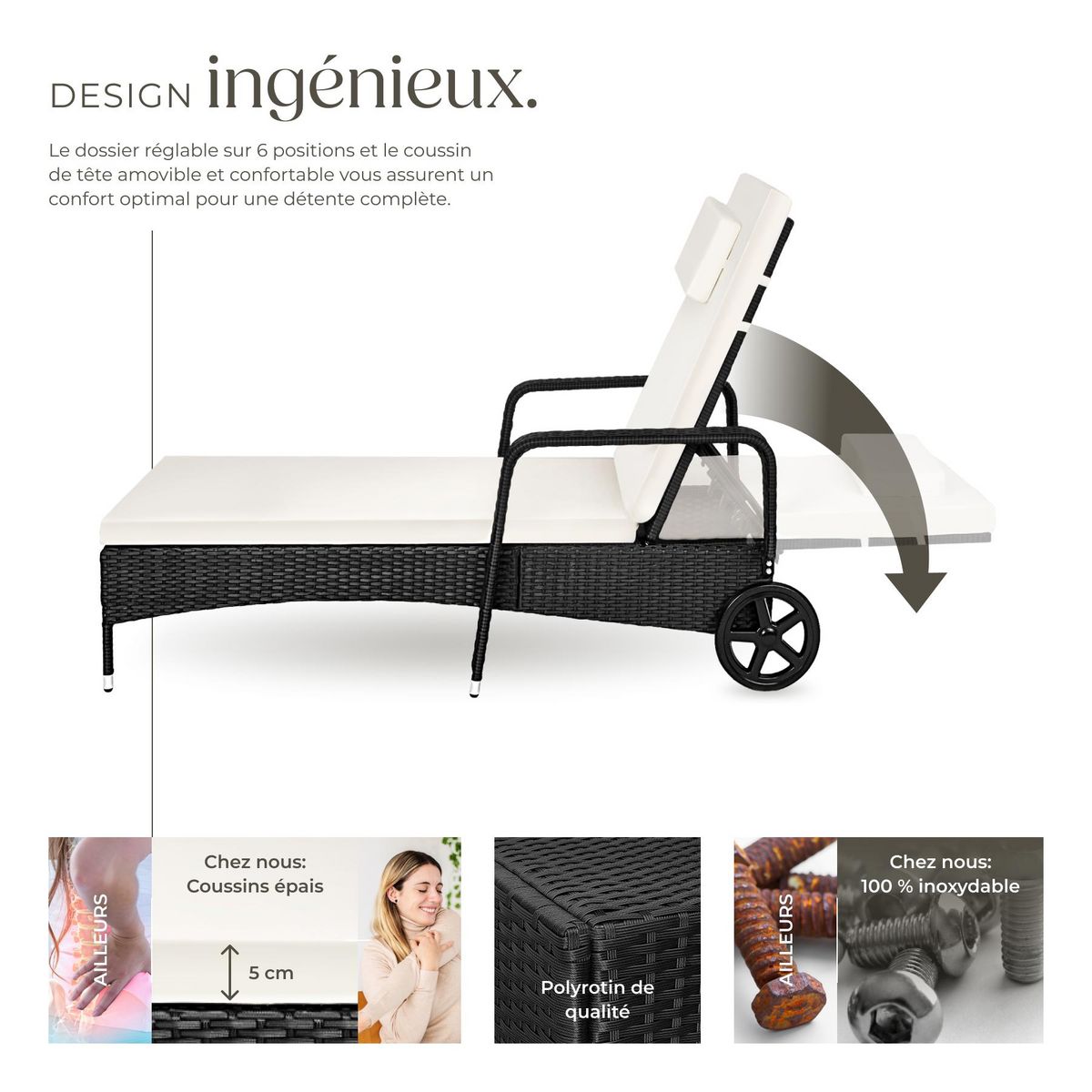 tectake Bain de soleil en rotin robuste et résistant aux UV noir/beige