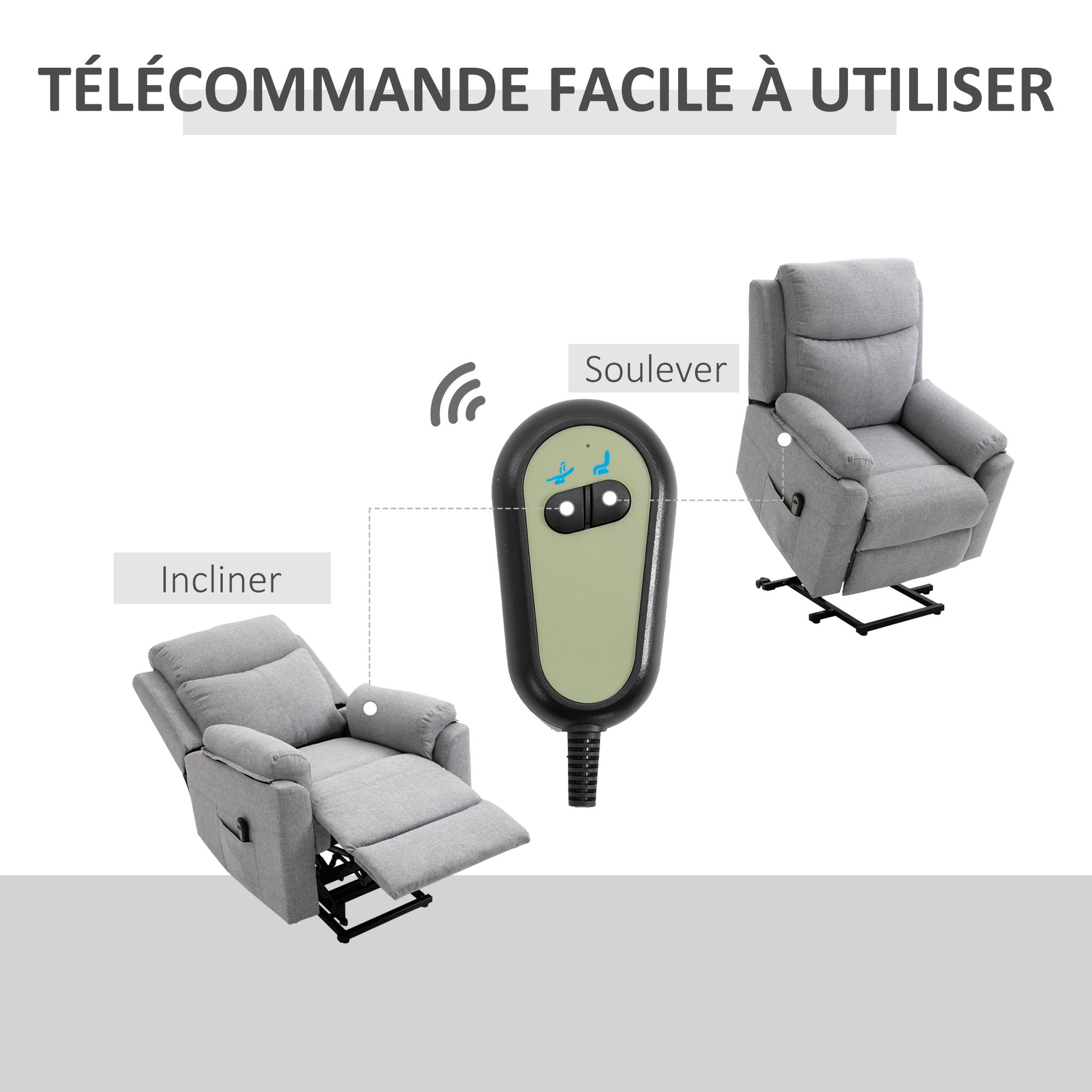 Voir la diapositive 6 : HOMCOM Fauteuil de relaxation électrique - fauteuil releveur inclinable avec repose-pied ajustable et télécommande - tissu polyester aspect lin gris clair chiné