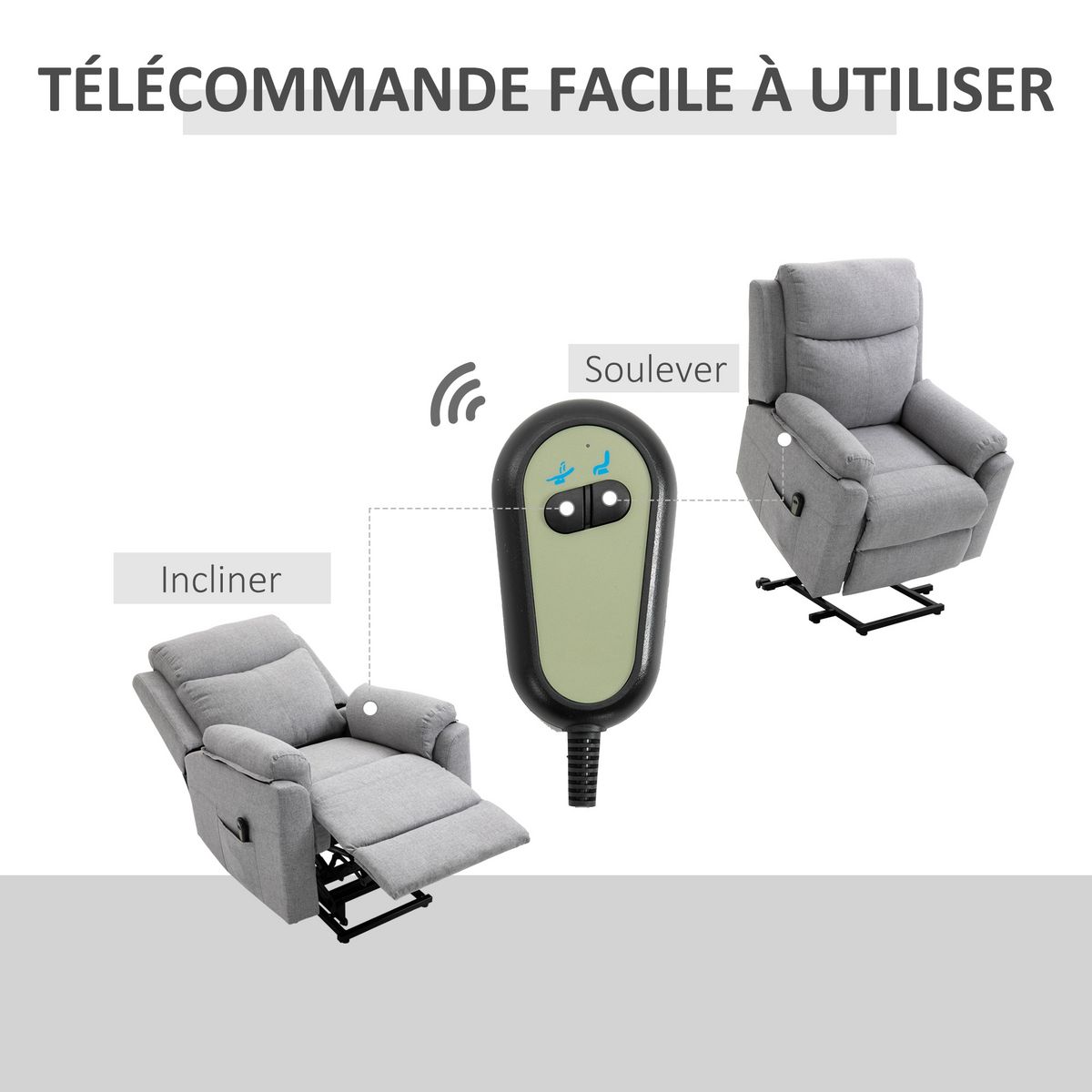 HOMCOM Fauteuil de relaxation électrique - fauteuil releveur inclinable avec repose-pied ajustable et télécommande - tissu polyester aspect lin gris clair chiné