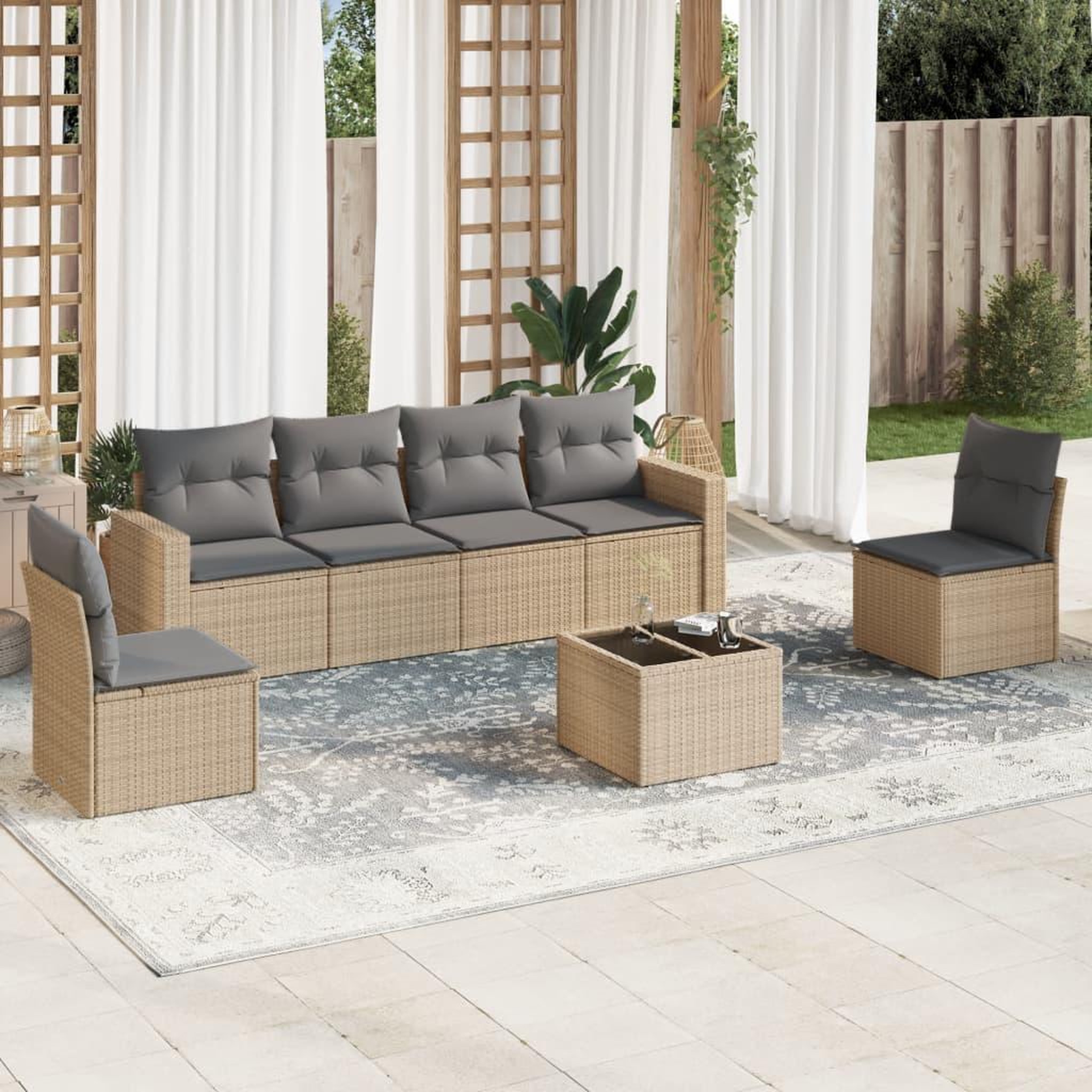 VIDAXL Salon de jardin avec coussins 7 pcs beige resine tressee