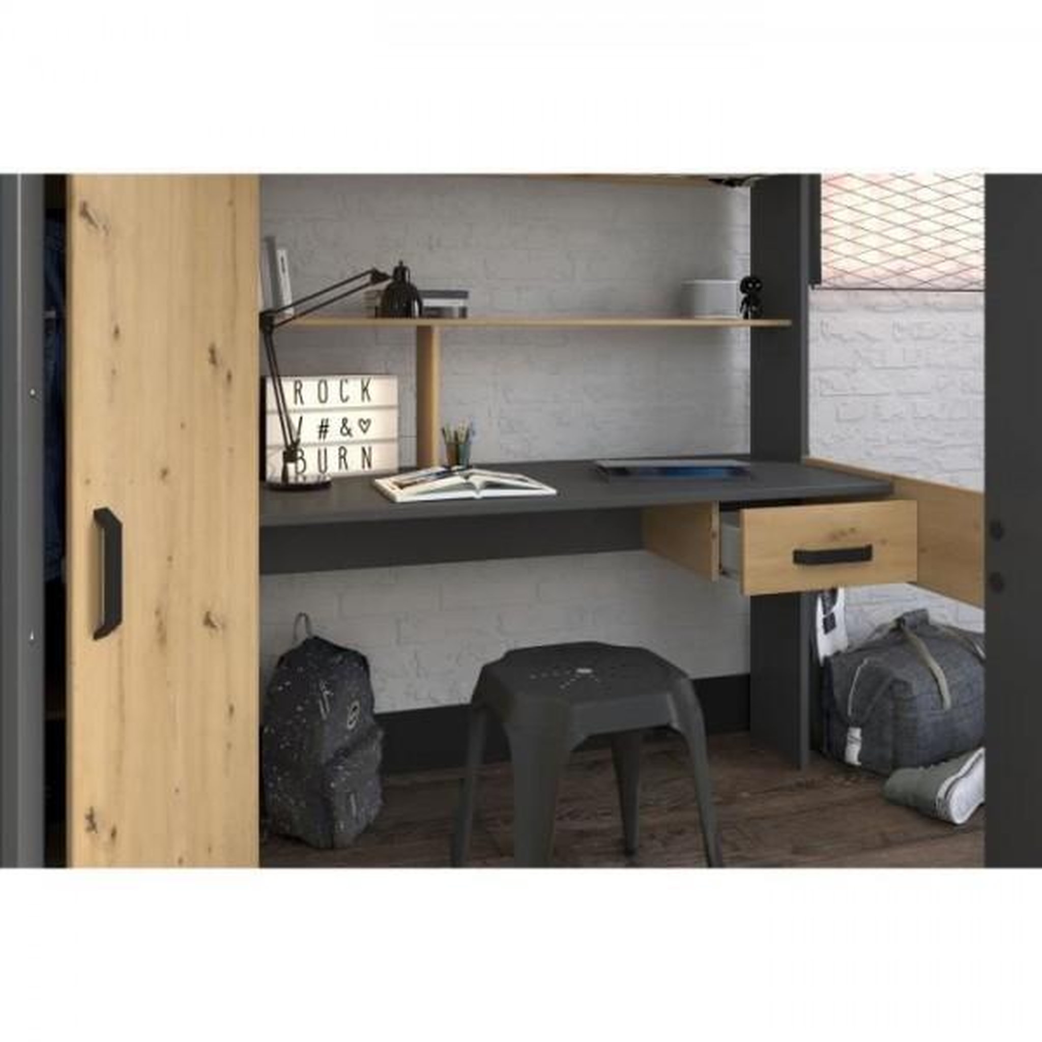 Voir la diapositive 5 : PARISOT Lit combiné mezzanine enfant PARISOT HIGH - Chene et gris - Sommier inclus - 90 x 200 cm