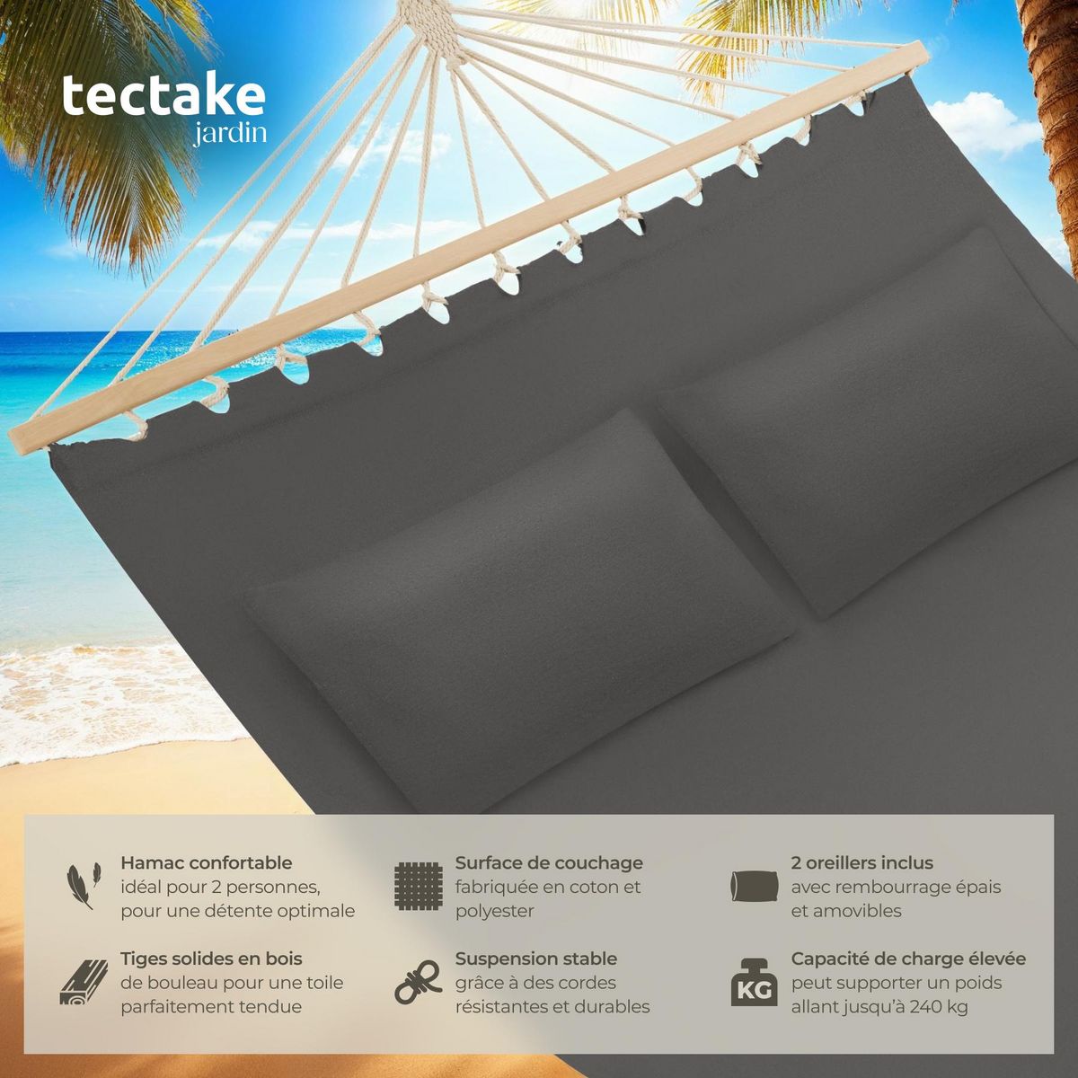 tectake Hamac avec barres d'expansion pour 2 personnes gris foncé