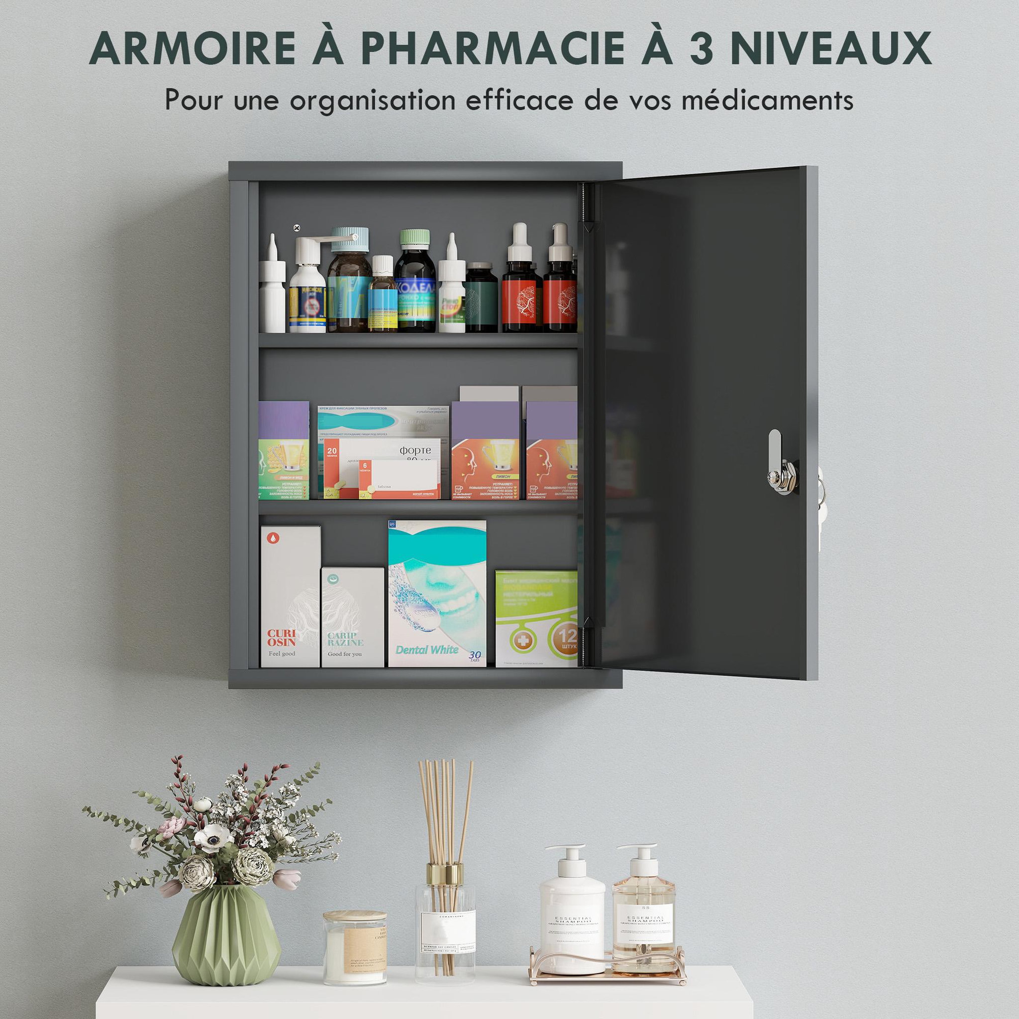 Voir la diapositive 5 : KLEANKIN Armoire à pharmacie murale verrouillable porte 2 étagères 3 niv. 40 x 15 x 53 cm acier gris