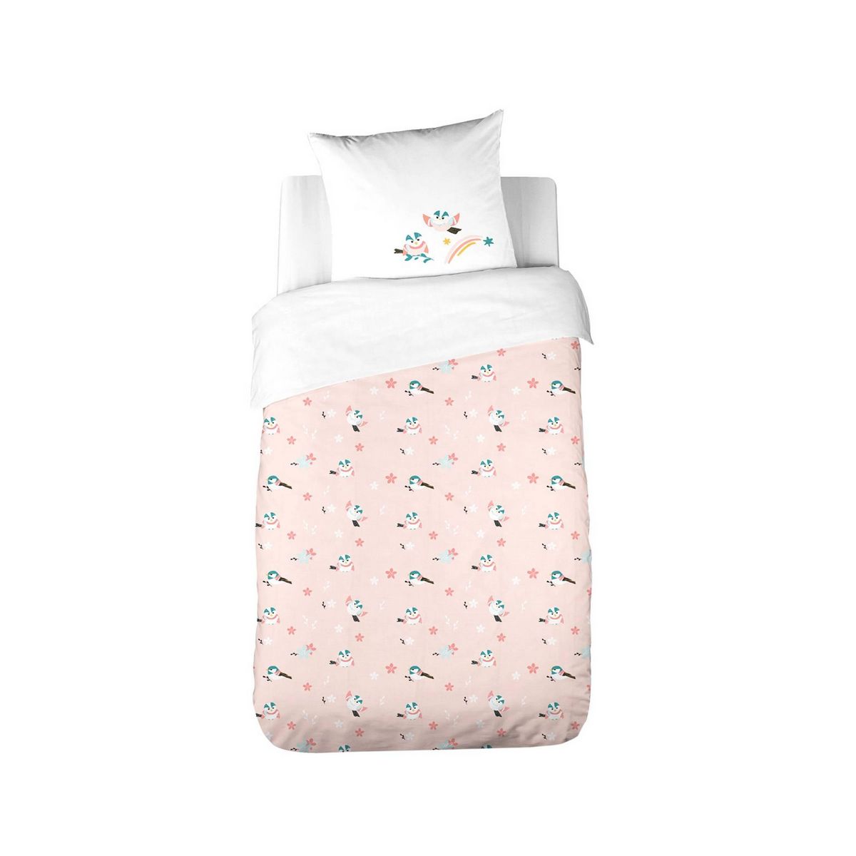 SWEEEK Parure de lit réversible 1 place imprimé princesse et oiseaux en polycoton. 1 housse de couette et 1 oreiller