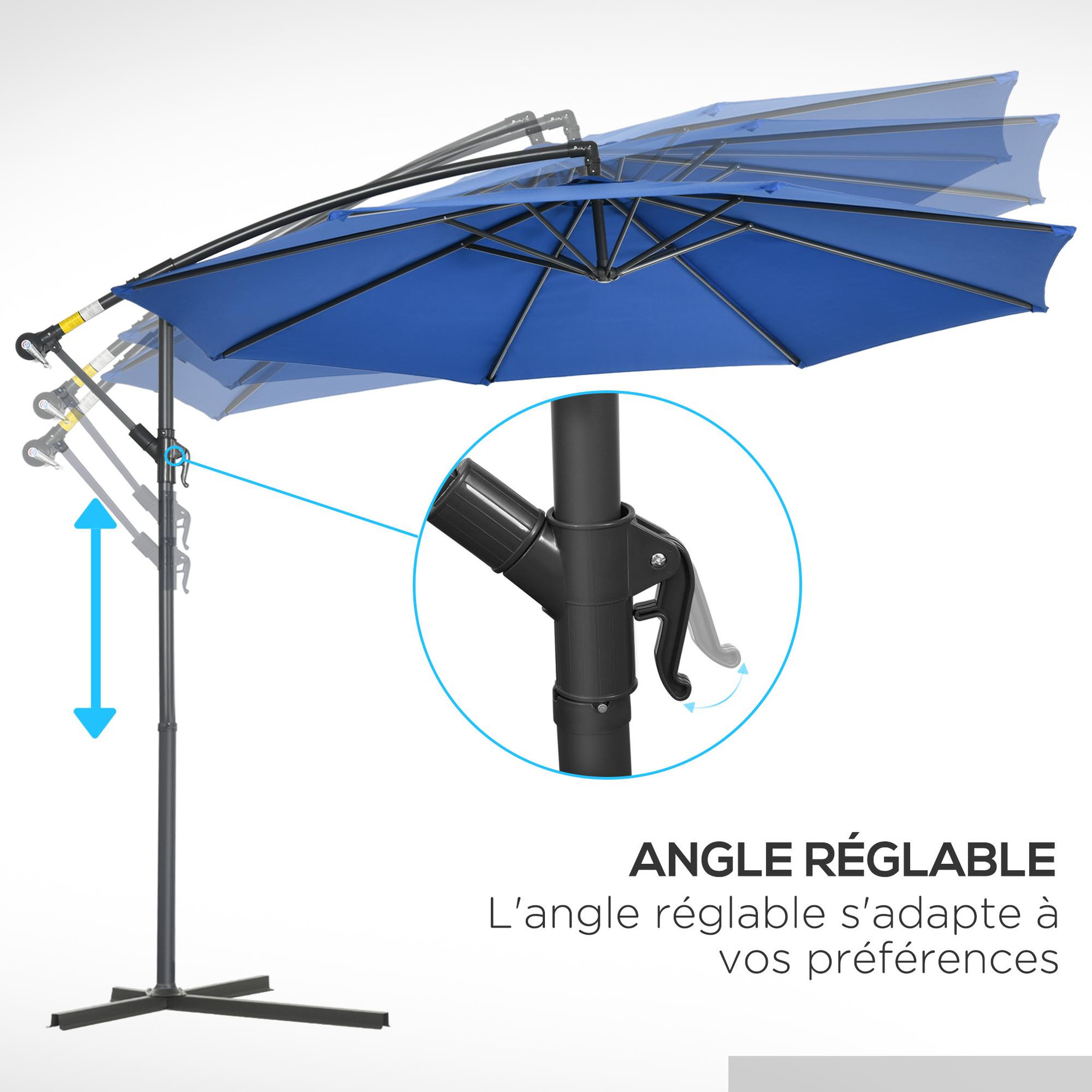 Voir la diapositive 5 : OUTSUNNY Parasol déporté octogonal inclinable rabattable diamètre 2,97 m parasol de jardin avec pied en croix bleu