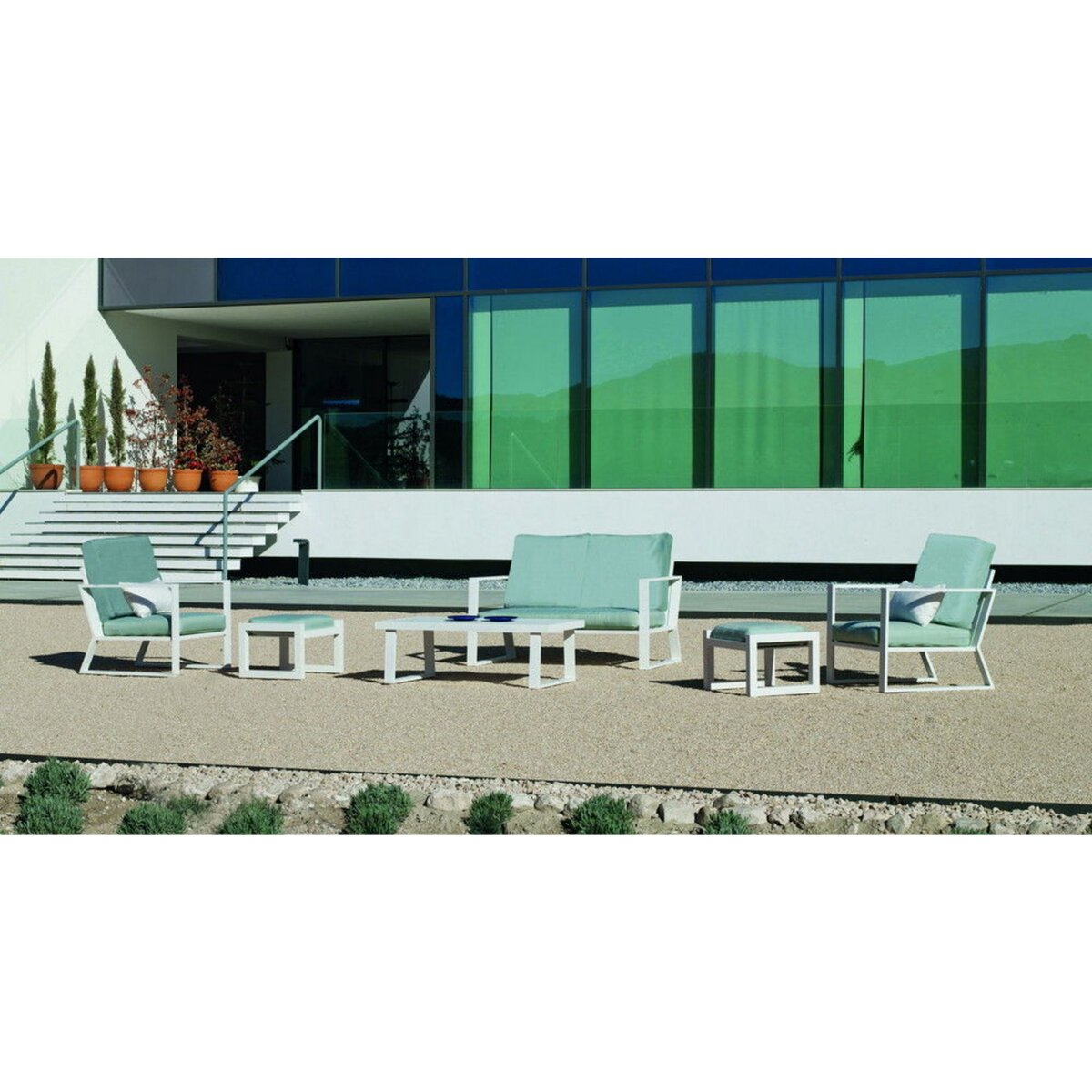 CENTRALE BRICO Salon de jardin Sofa BOLONIA - 4 à 6 places - finition blanc, tissus gris clair