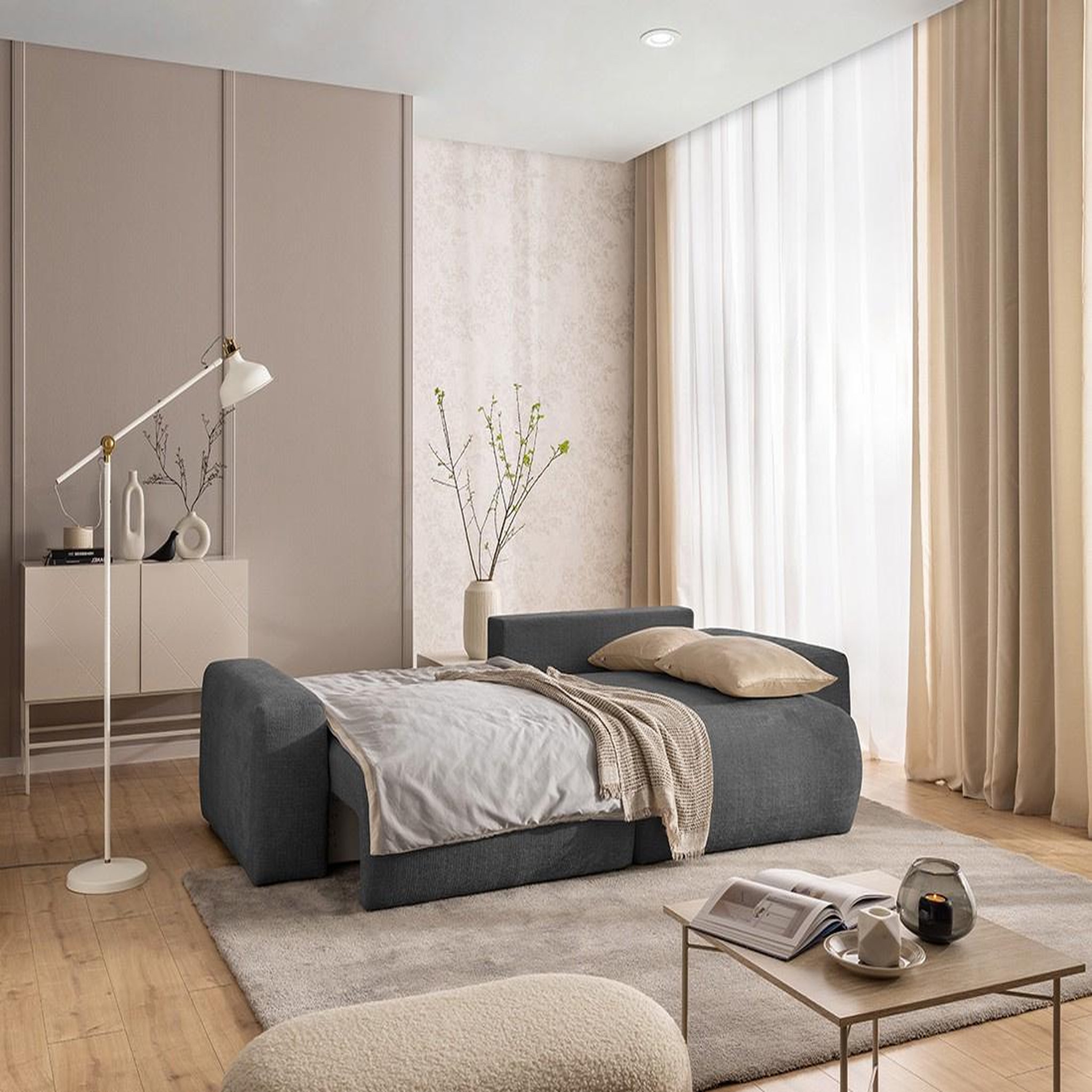 Voir la diapositive 2 : BEST MOBILIER Constance - canapé d'angle réversible 4 places convertible avec coffre en velours texturé