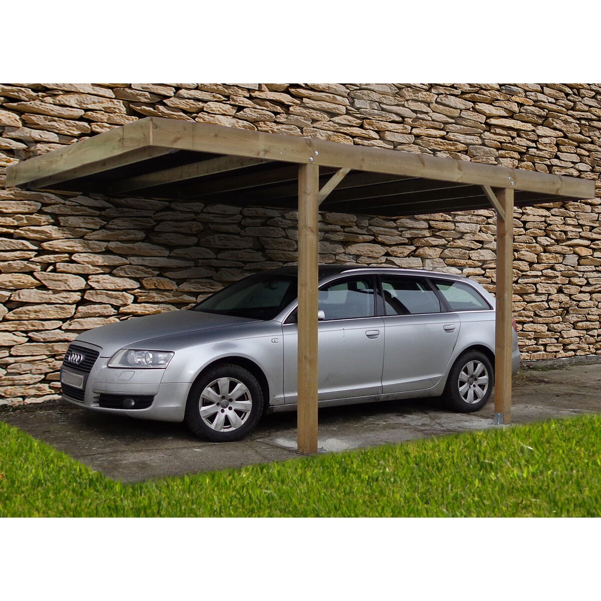 Carport pergola simple adossé en bois traité - avec toit en PVC - 1 voiture  - 15 m² - HELENE