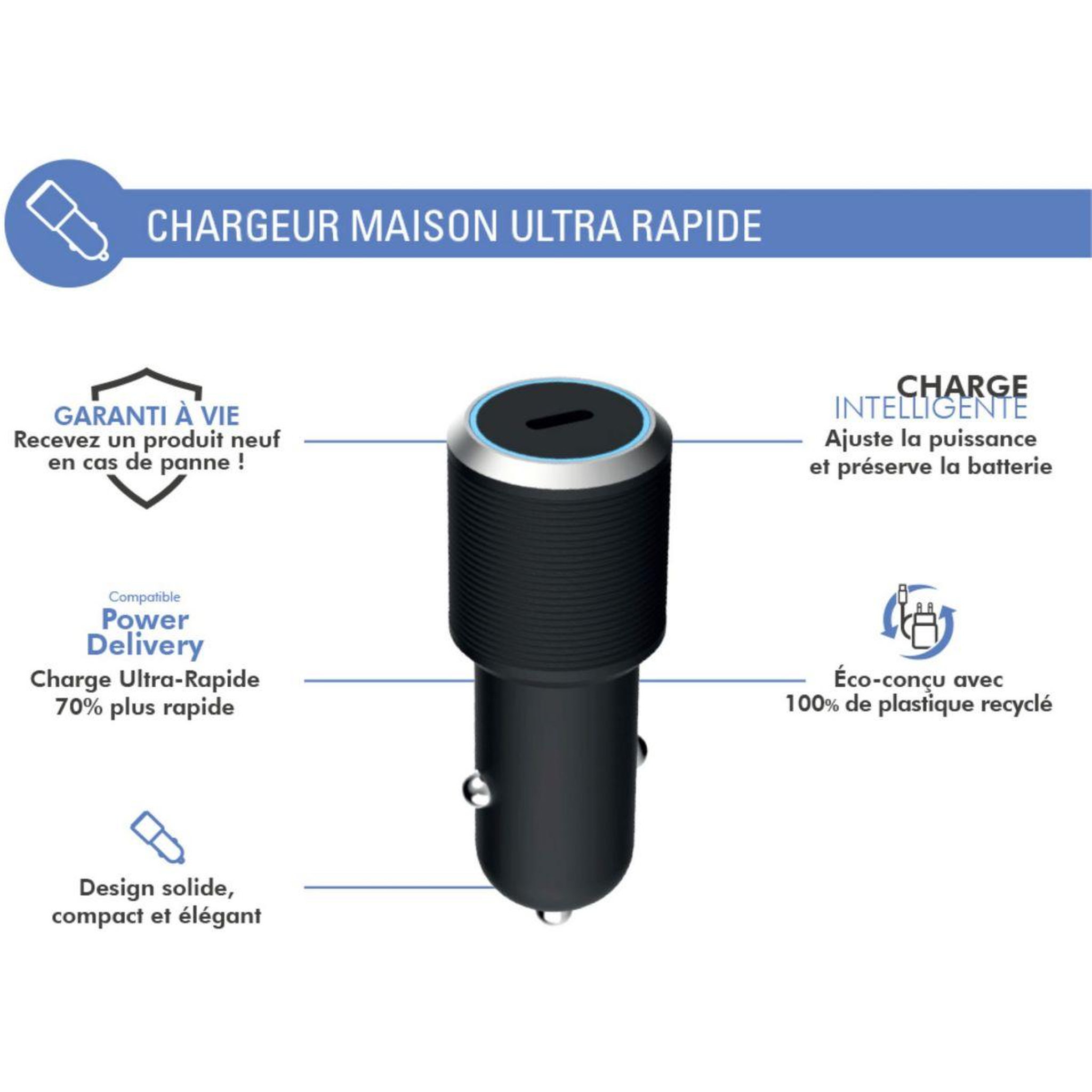 Voir la diapositive 2 : FORCE POWER Chargeur allume cigare 25w usb-c noir allule cigare