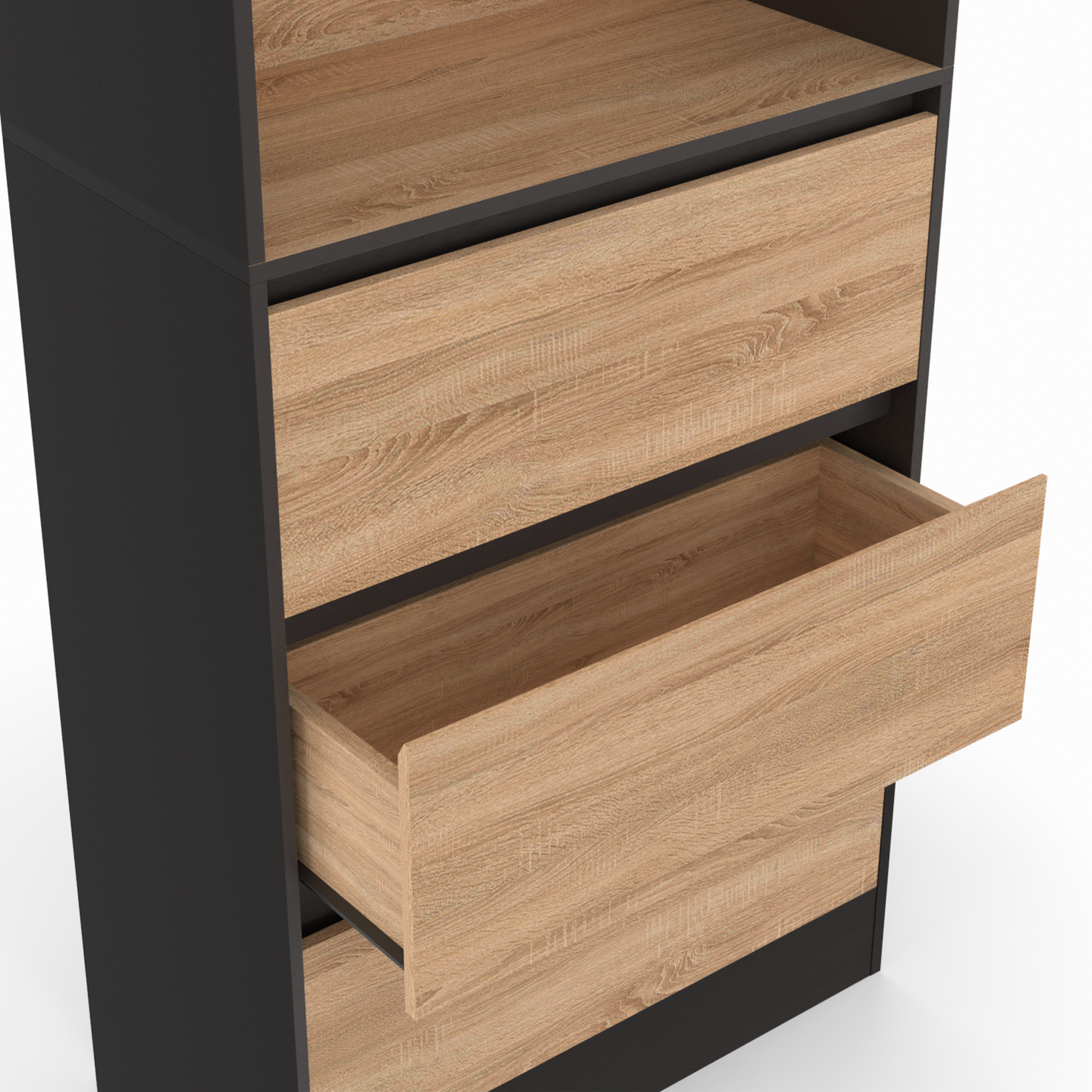 Voir la diapositive 6 : ID MARKET Etagère bibliothèque carla 3 niveaux 3 tiroirs noir et effet bois 190 cm
