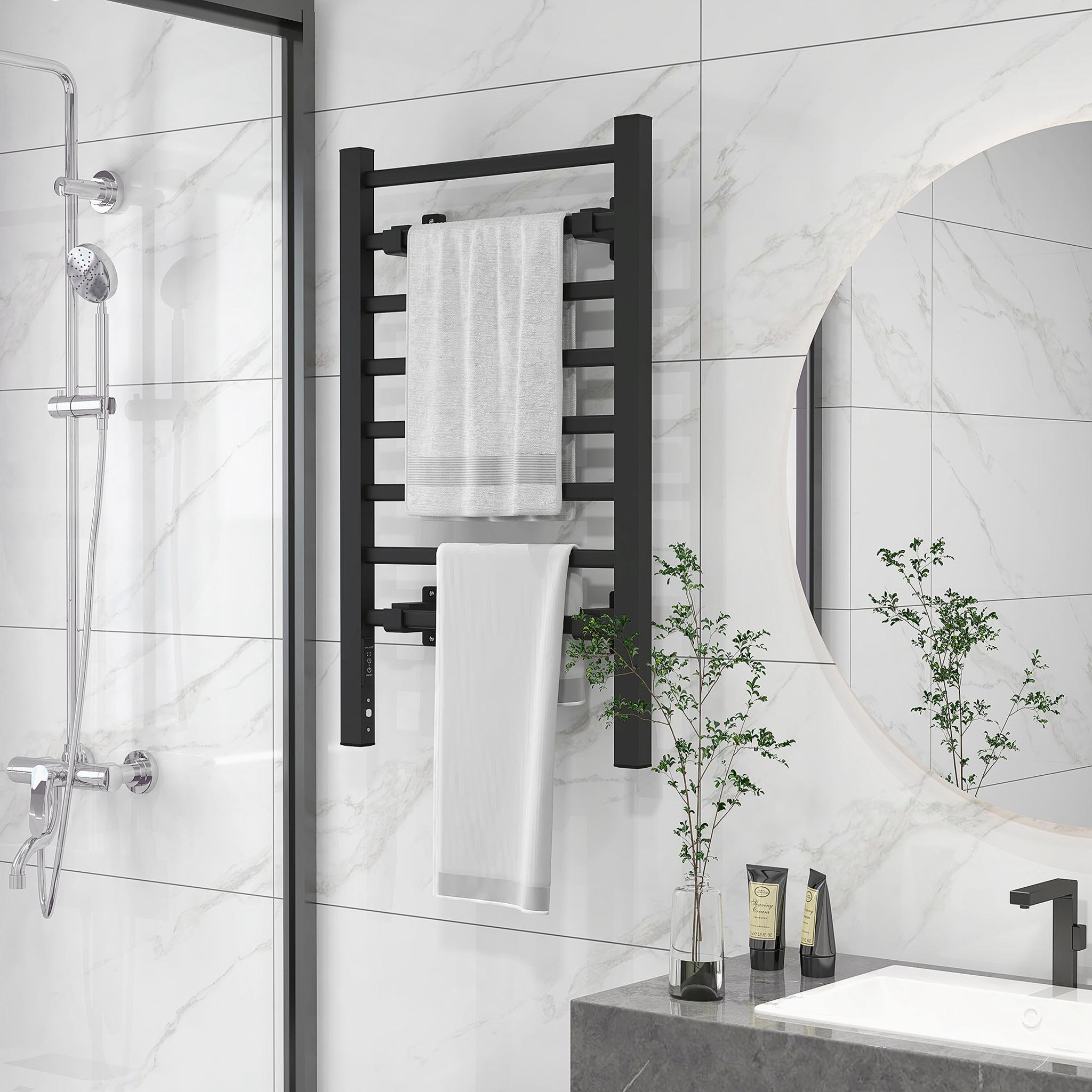 Voir la diapositive 2 : HOMCOM Sèche-serviette électrique sur pied 150W 8 barres timer alu noir