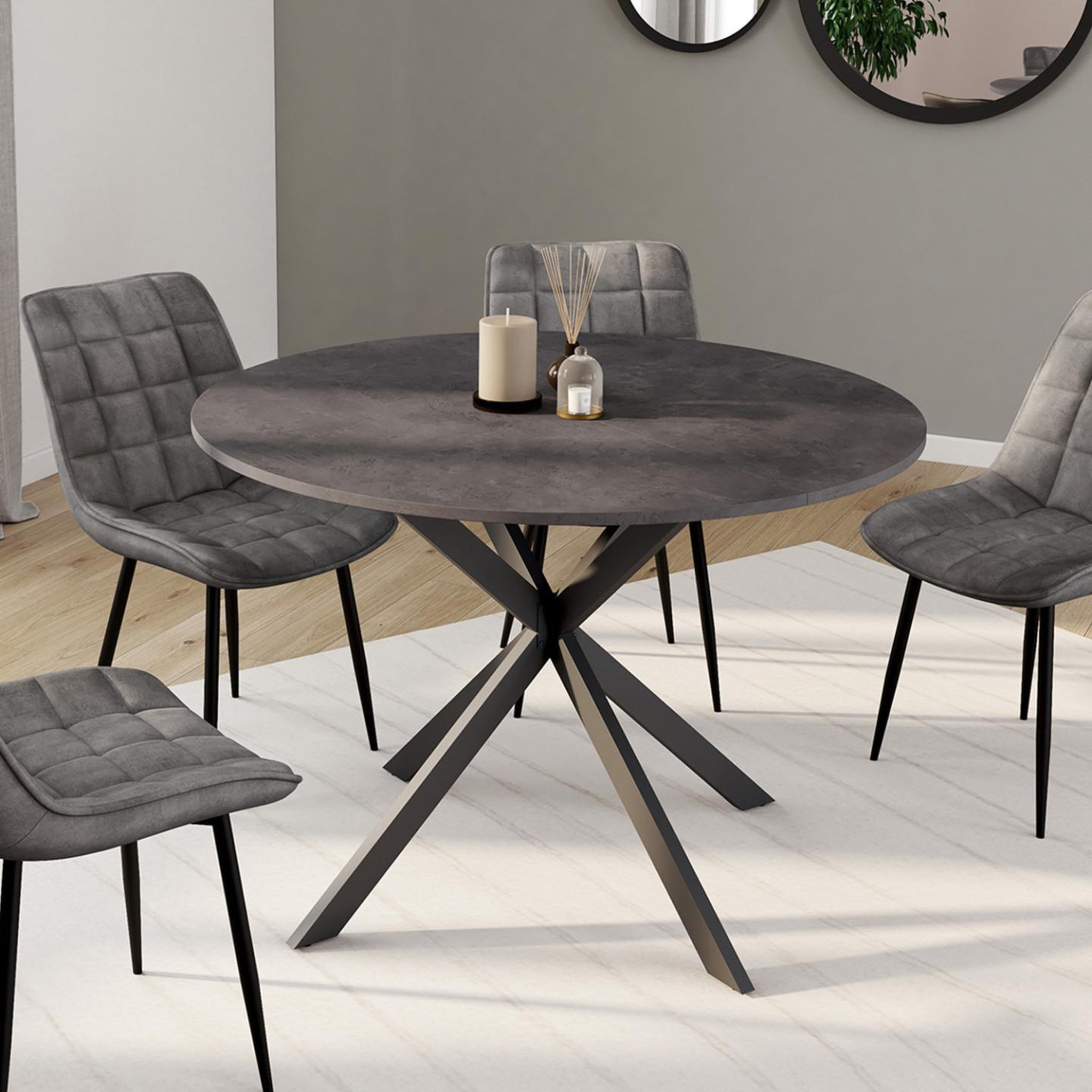 Voir la diapositive 2 : ID MARKET Table à manger ronde jaspe 6 personnes plateau effet béton pied araignée gris anthracite 110 cm