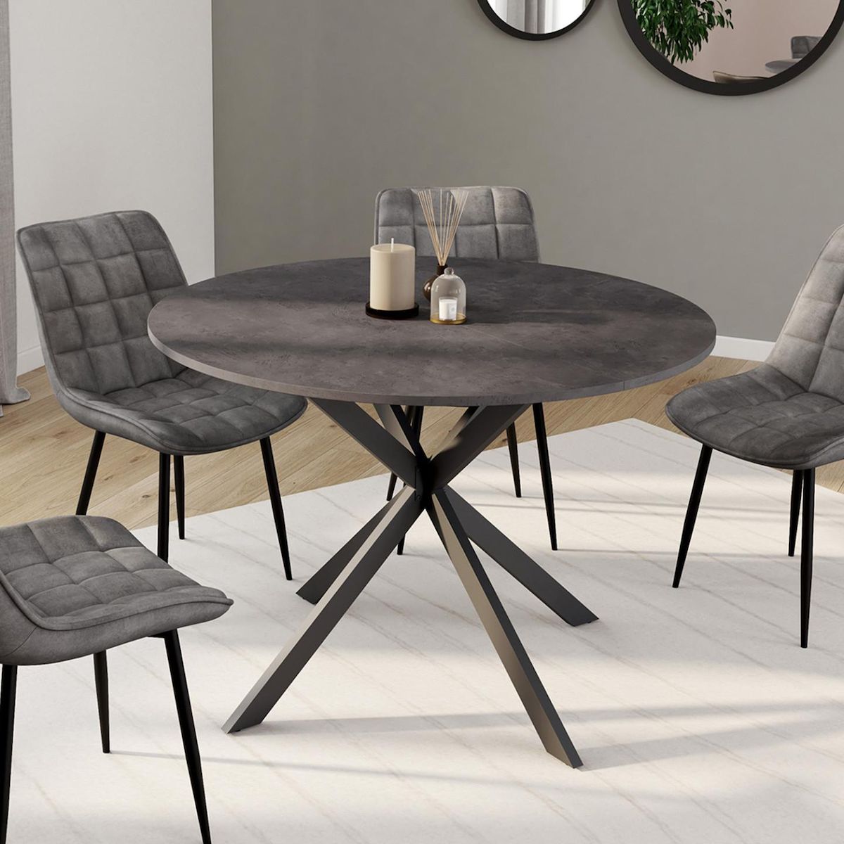 ID MARKET Table à manger ronde JASPE 6 personnes plateau effet béton pied araignée gris anthracite 110 cm