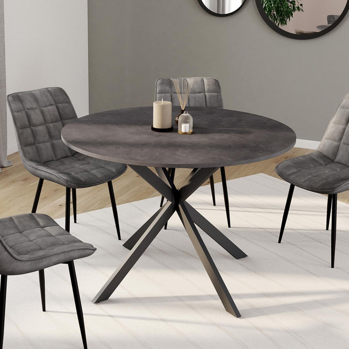 ID MARKET Table à manger ronde JASPE 6 personnes plateau effet béton pied araignée gris anthracite 110 cm