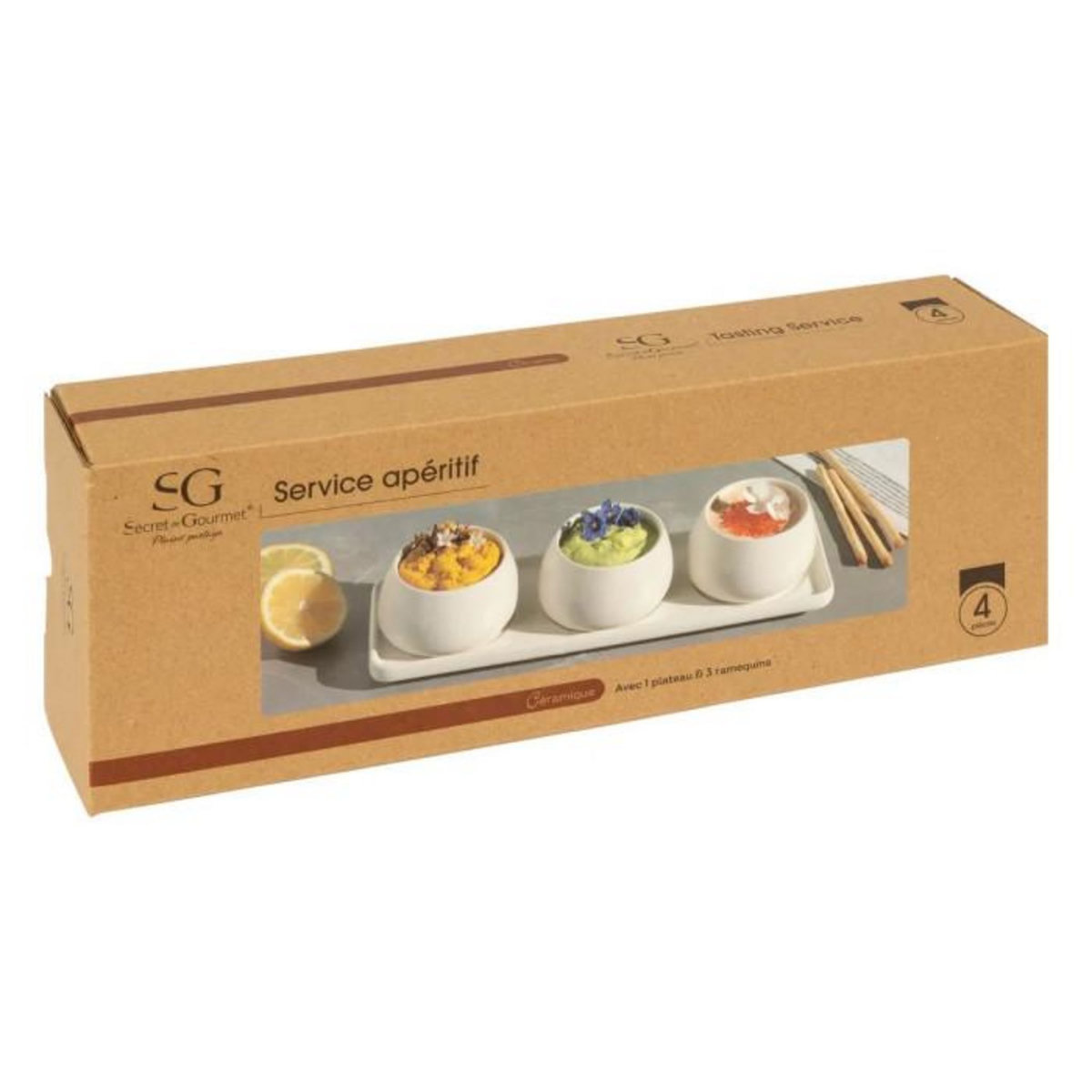SECRET DE GOURMET Service Apéritif 4 Pièces  Nora  9cm Blanc