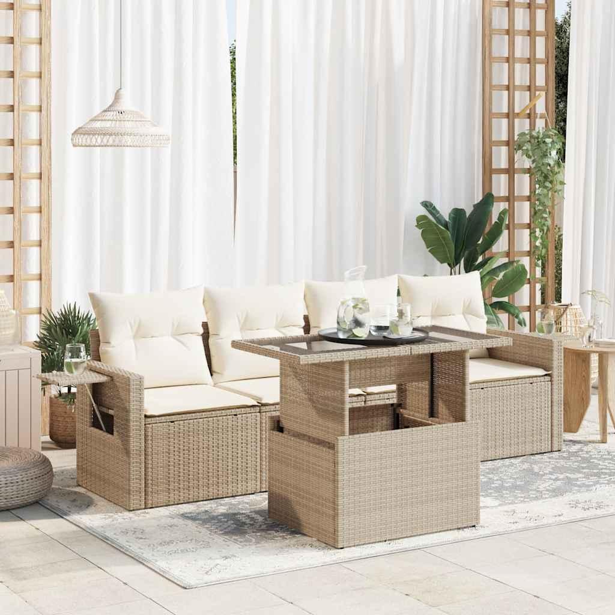 VIDAXL Salon de jardin avec coussins 5 pcs beige resine tressee