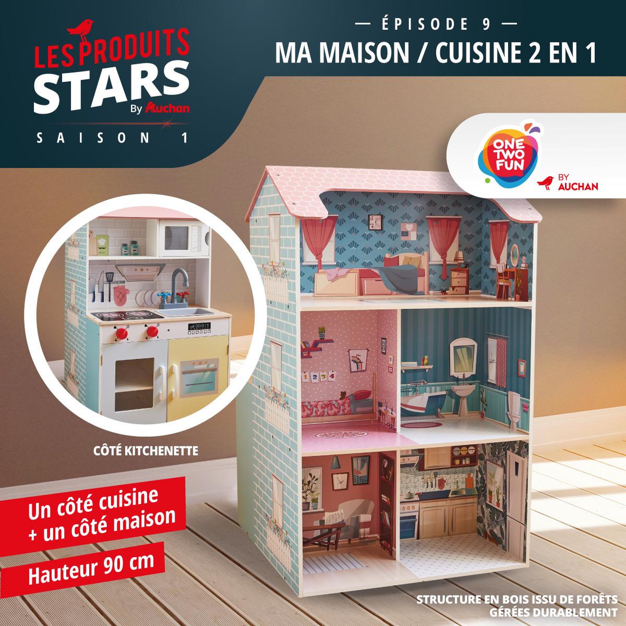 Voir la diapositive 2 : One Two Fun Maison et cuisine en bois 2 en 1