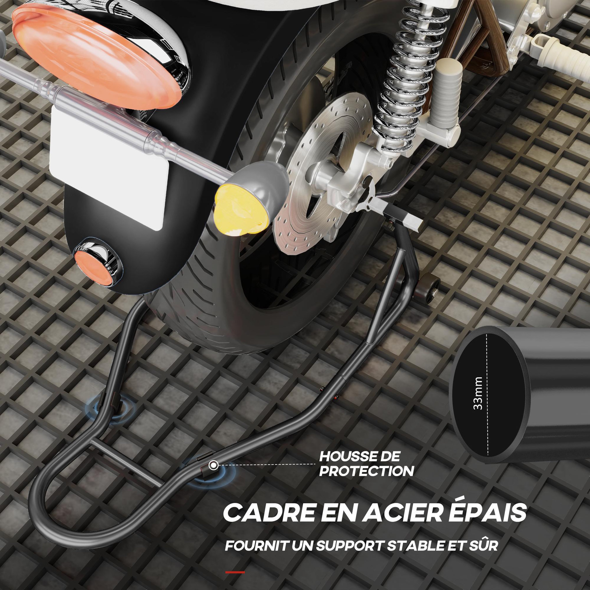 Voir la diapositive 5 : HOMCOM Support béquille de moto arrière support de roue lève moto arrière sur roulettes avec bobine de bras oscillant U + L, noir