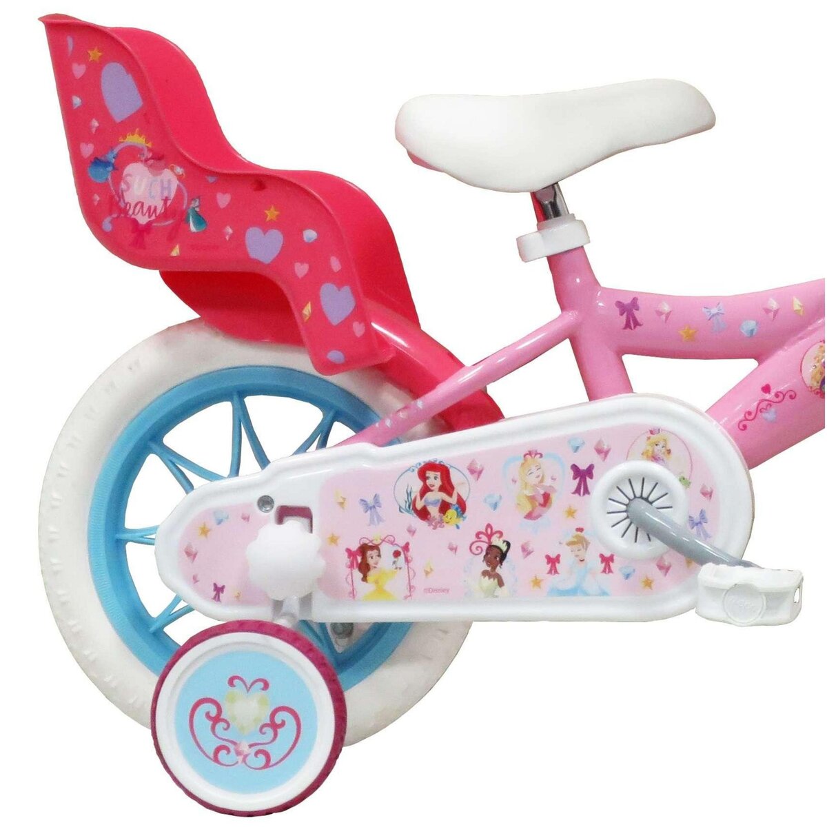 Disney Princesse Vélo enfant - Moidèle 12'' Princesse de Disney pour enfant de 85/100 cm avec stabilisateurs - 1 Frein - Panier avant - Porte poupée arrière et roues bâtons