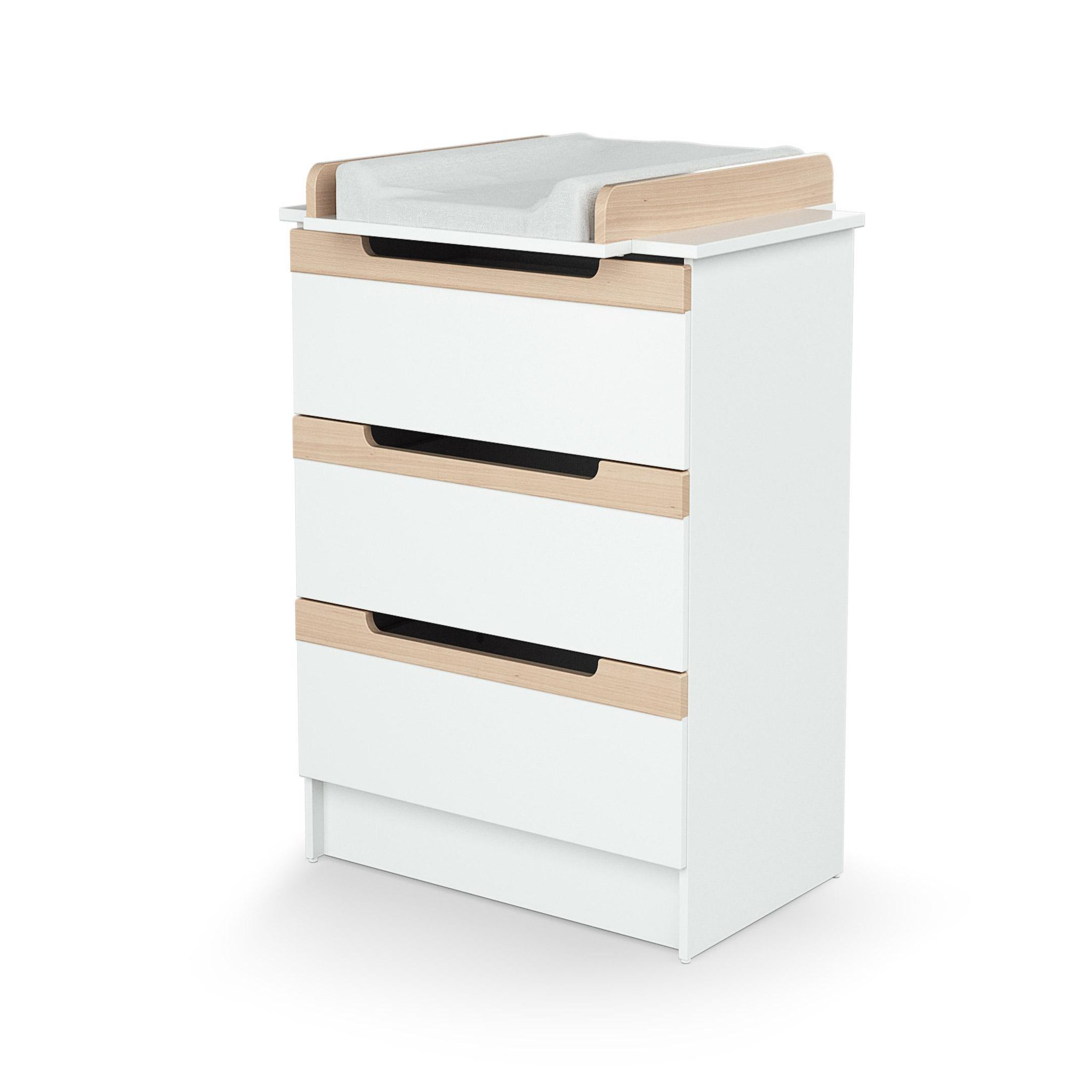 Voir la diapositive 4 : AT4 Chambre bébé lit, commode à langer et armoire blanc et hêtre verni