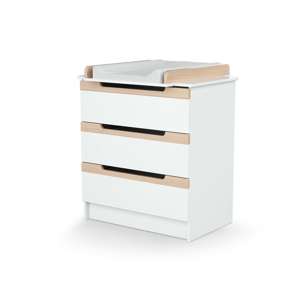 AT4 Chambre bébé lit, commode à langer et armoire Blanc et Hêtre Verni