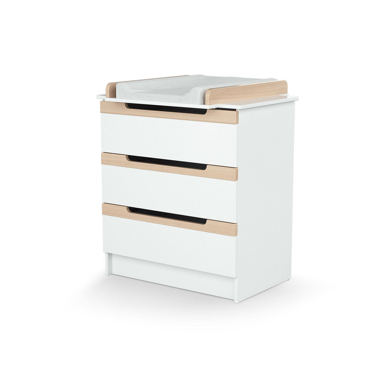 AT4 Chambre bébé lit, commode à langer et armoire Blanc et Hêtre Verni