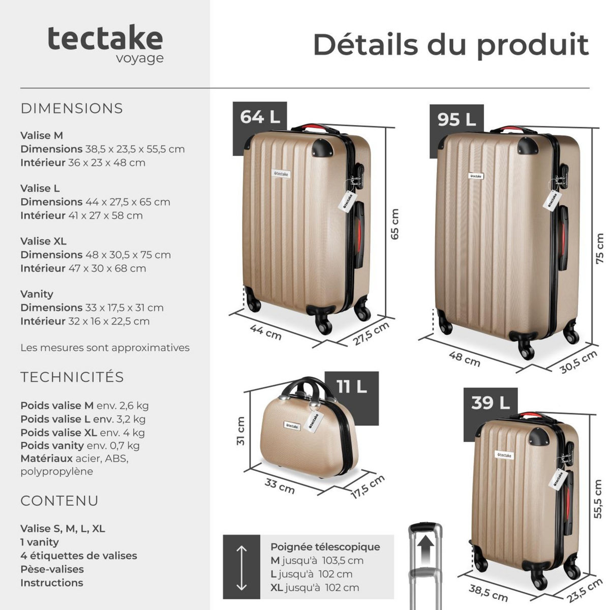 tectake Set de valises rigides 4 pièces, 3 Trolleys, 1 Vanity case, Balance et étiquette bagages inclus champagne