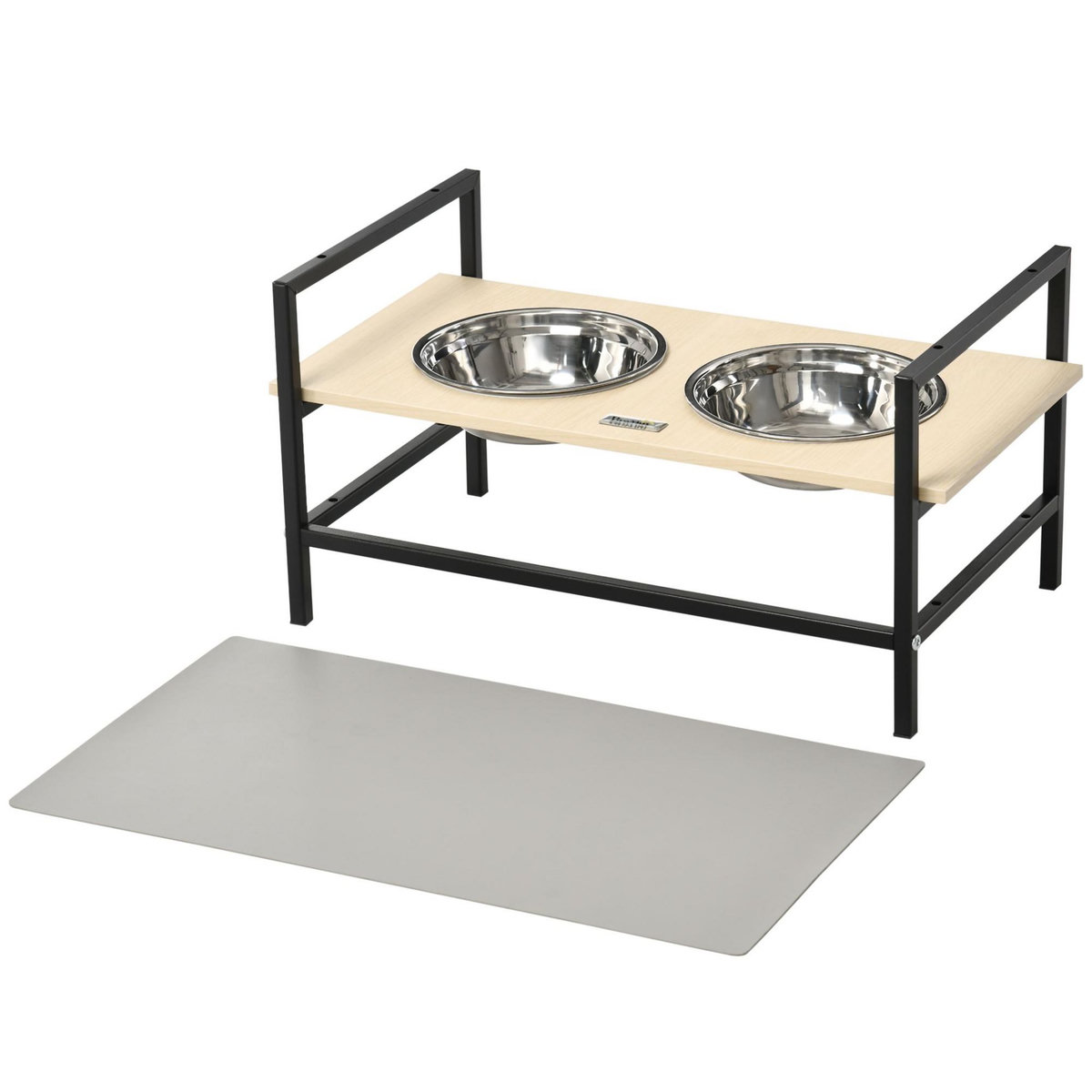 PAWHUT Gamelle double chien porte-gamelles surélevé réglable 2 gamelles acier inox et tapis inclus acier noir aspect bois clair