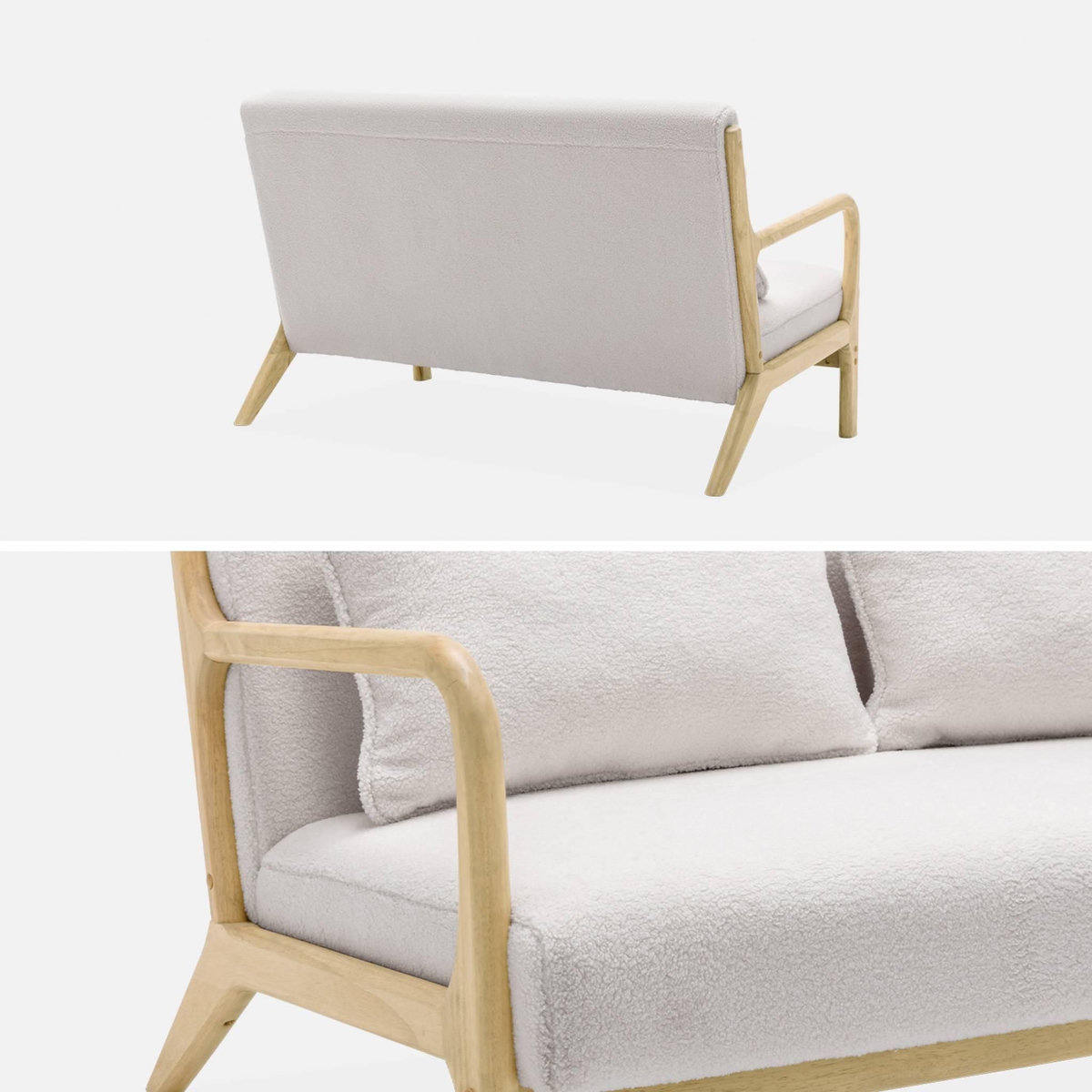 SWEEEK Banquette 2 places scandinave en bois et tissu bouclette. Lorens. L 124 x P 83 x H 77cm