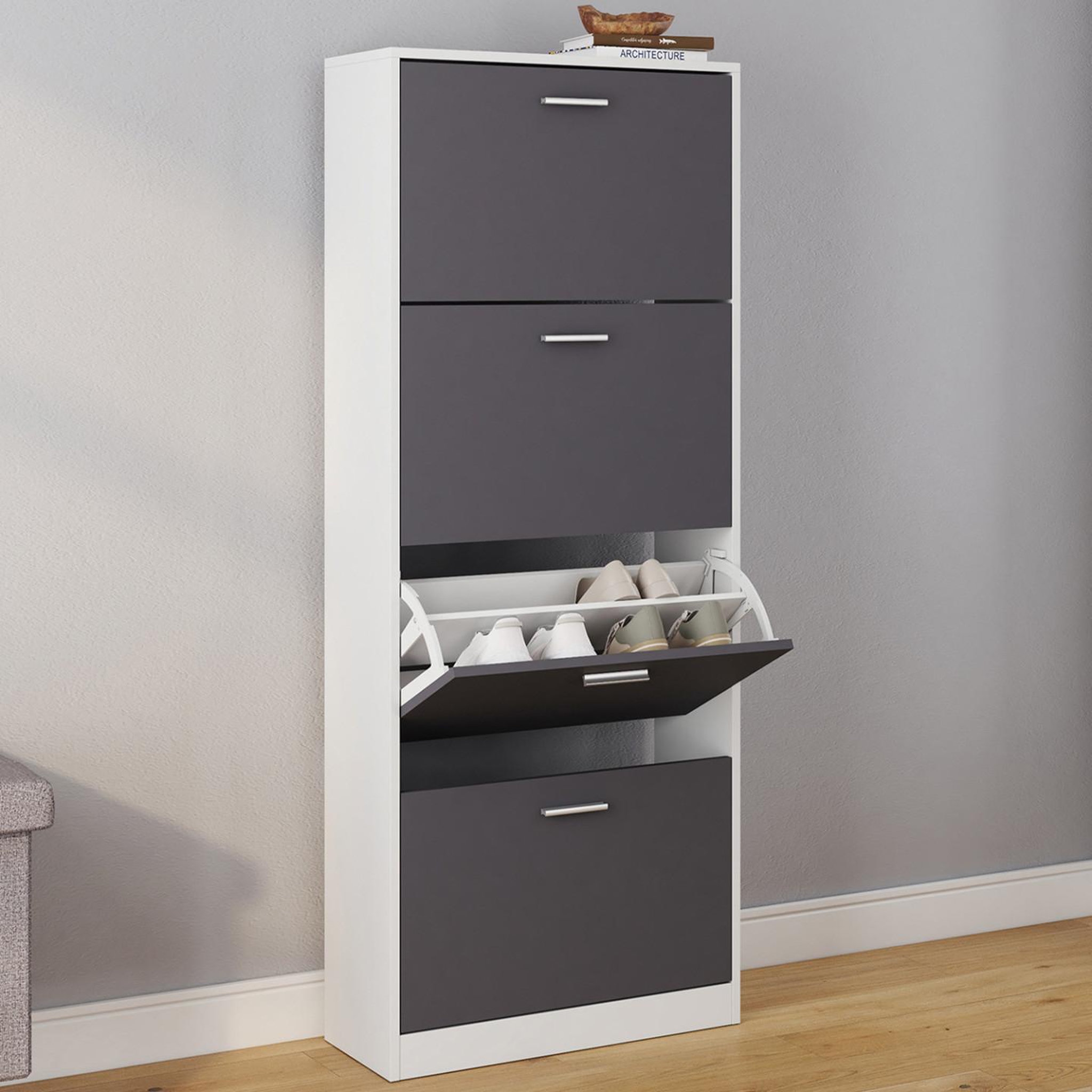Voir la diapositive 2 : ID MARKET Meuble à chaussures 24 paires klark blanc 4 portes gris clair