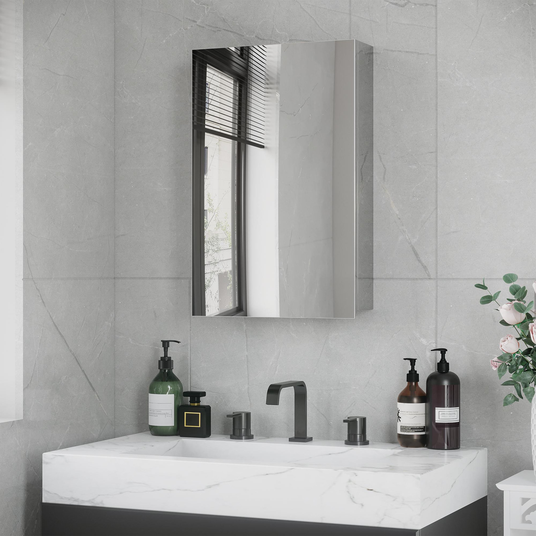 Voir la diapositive 2 : KLEANKIN Armoire miroir murale salle de bain toilette dim. 39l x 12l x 60h cm acier inox. Verre