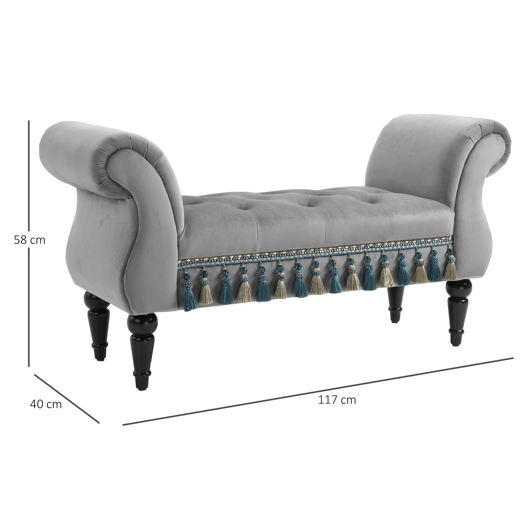 Voir la diapositive 3 : HOMCOM Banc banquette capitonnée design accoudoirs courbés pompons pieds bois hévéa revêtement velours gris