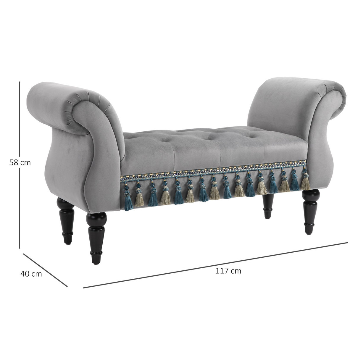 HOMCOM Banc banquette capitonnée design accoudoirs courbés pompons pieds bois hévéa revêtement velours gris