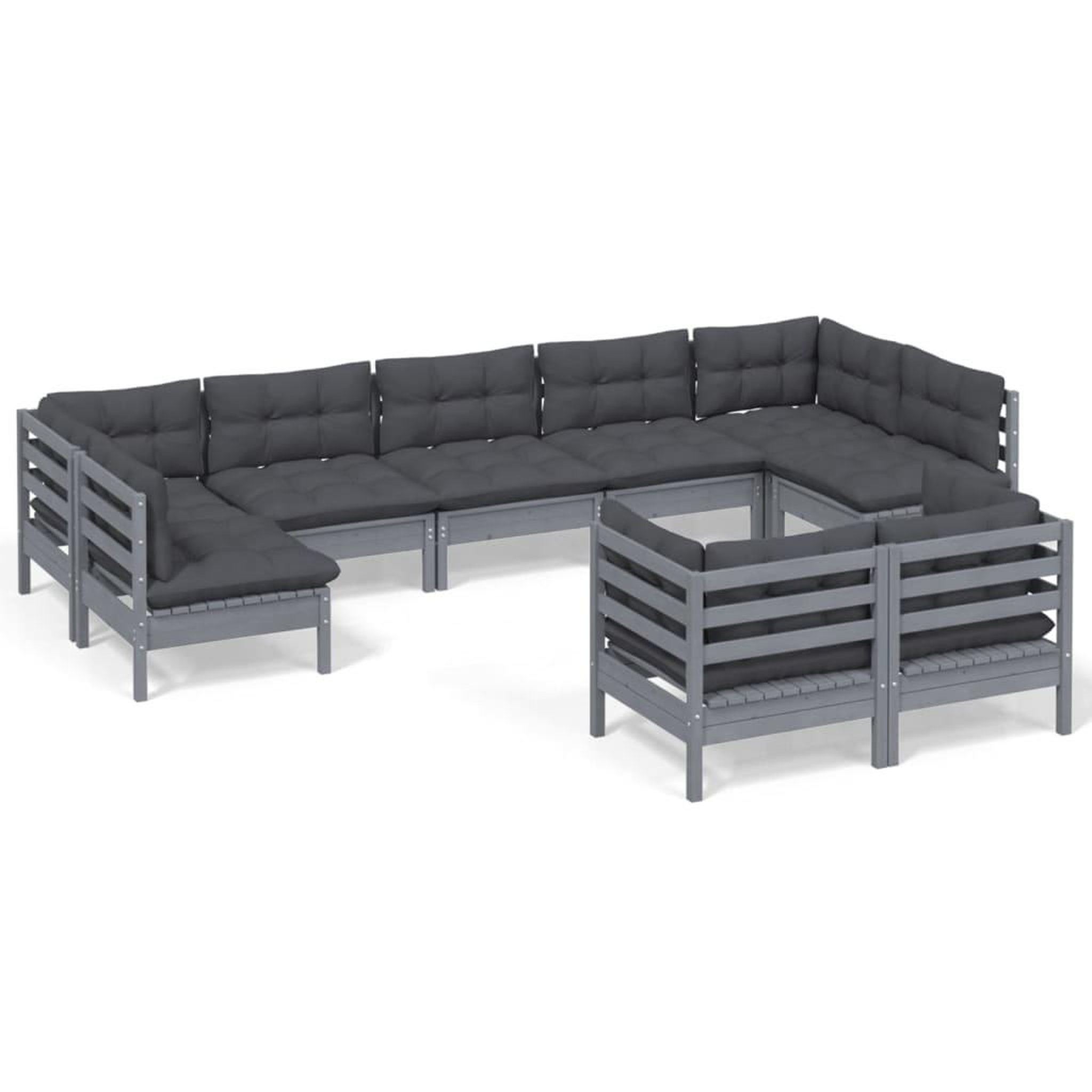 Voir la diapositive 2 : VIDAXL Salon de jardin 9 pcs avec coussins Gris Bois de pin massif