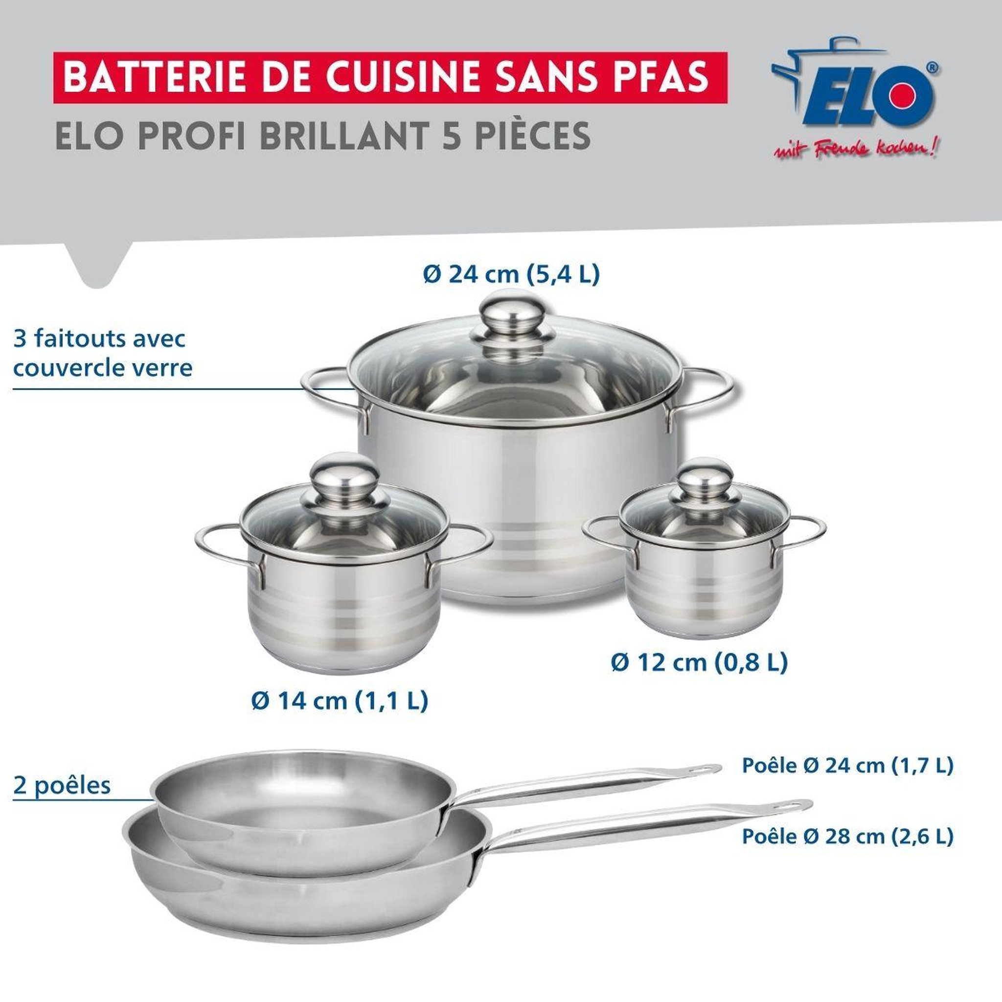 Voir la diapositive 2 : ELO Ensemble de 2 poêles de cuisson 24 et 28 cm et 3 faitouts 12, 14 et 24 cm elo profi brillant