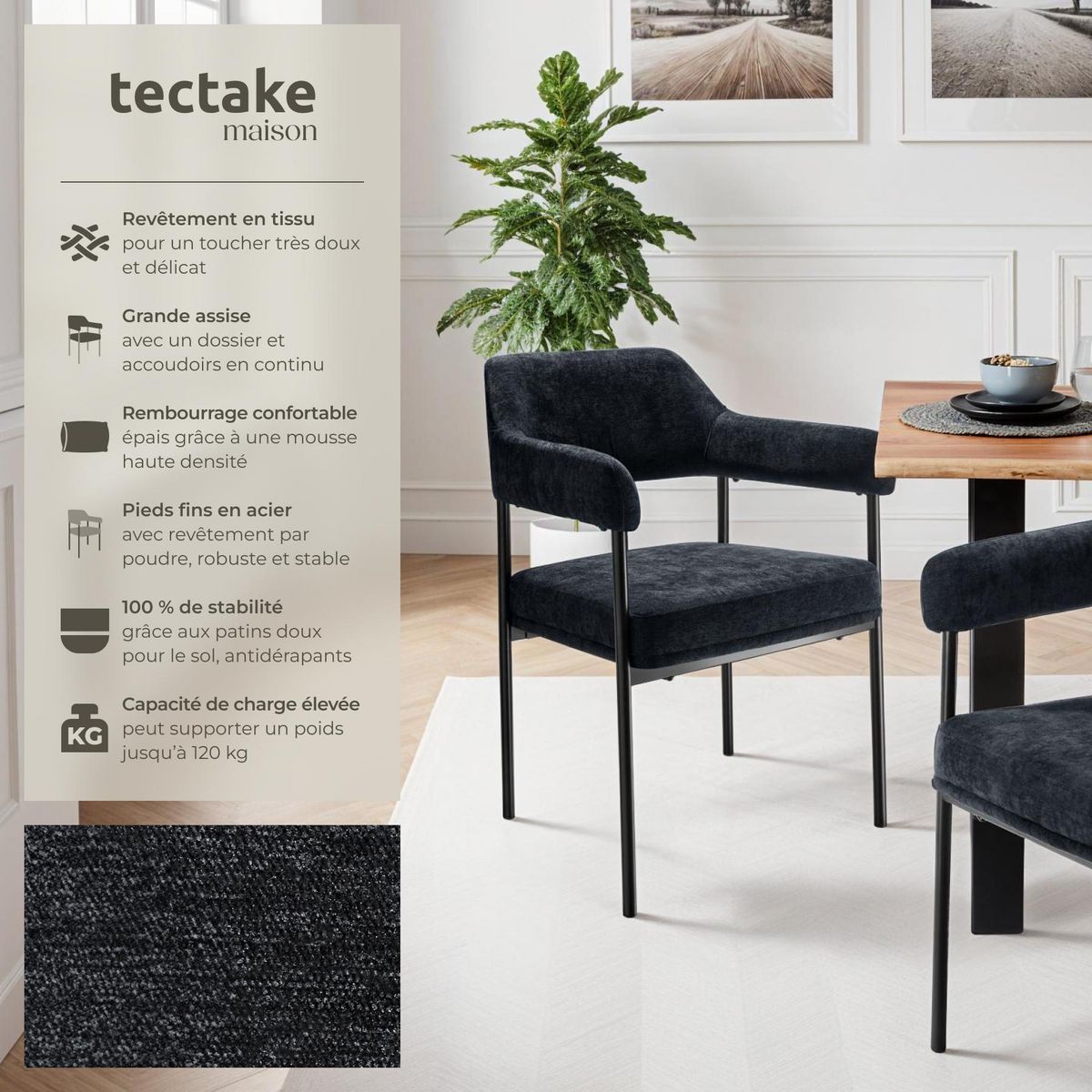 tectake Fauteuil rembourré Tissu noir/noir Lot de 2
