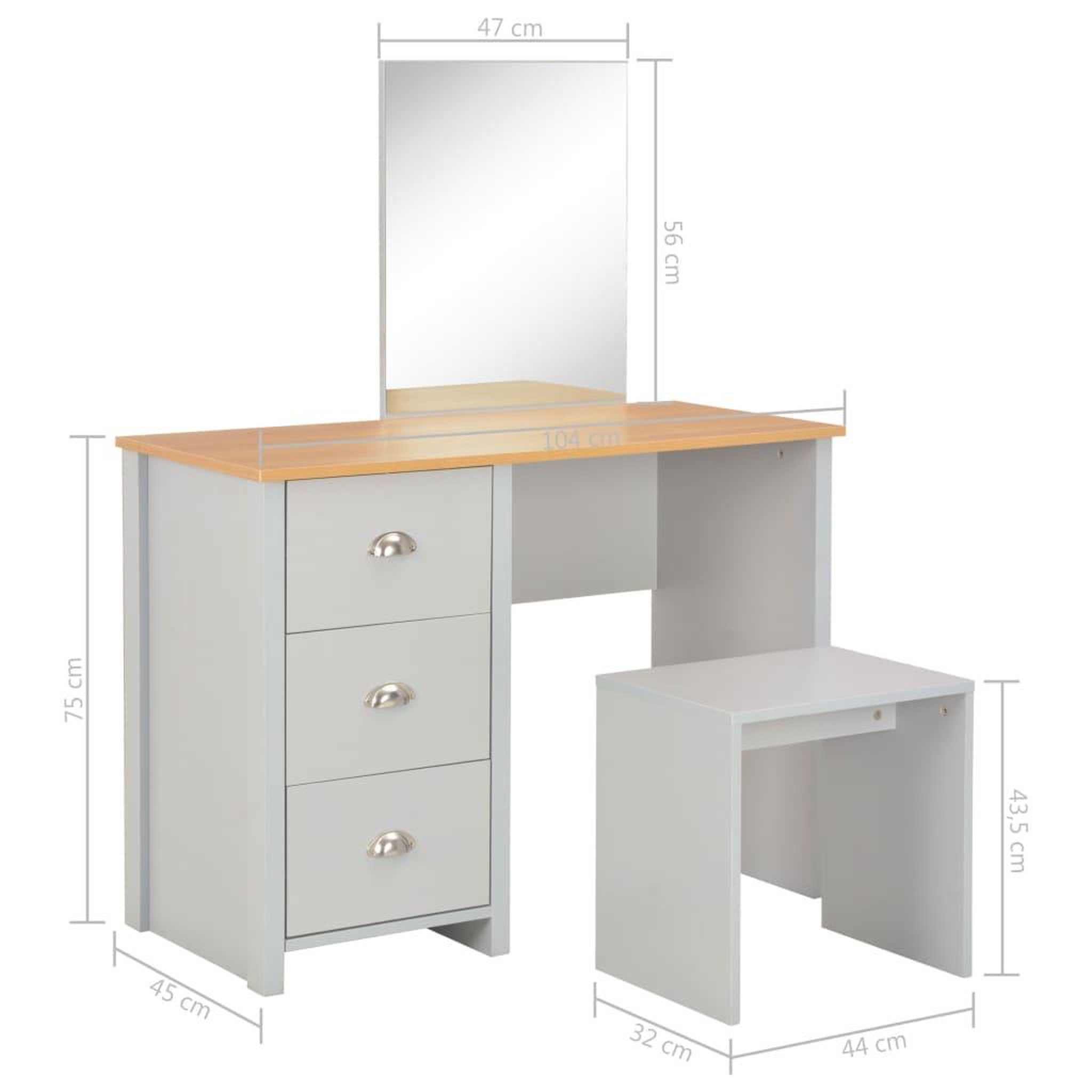 Voir la diapositive 6 : VIDAXL Coiffeuse avec miroir et tabouret gris 104x45x131 cm