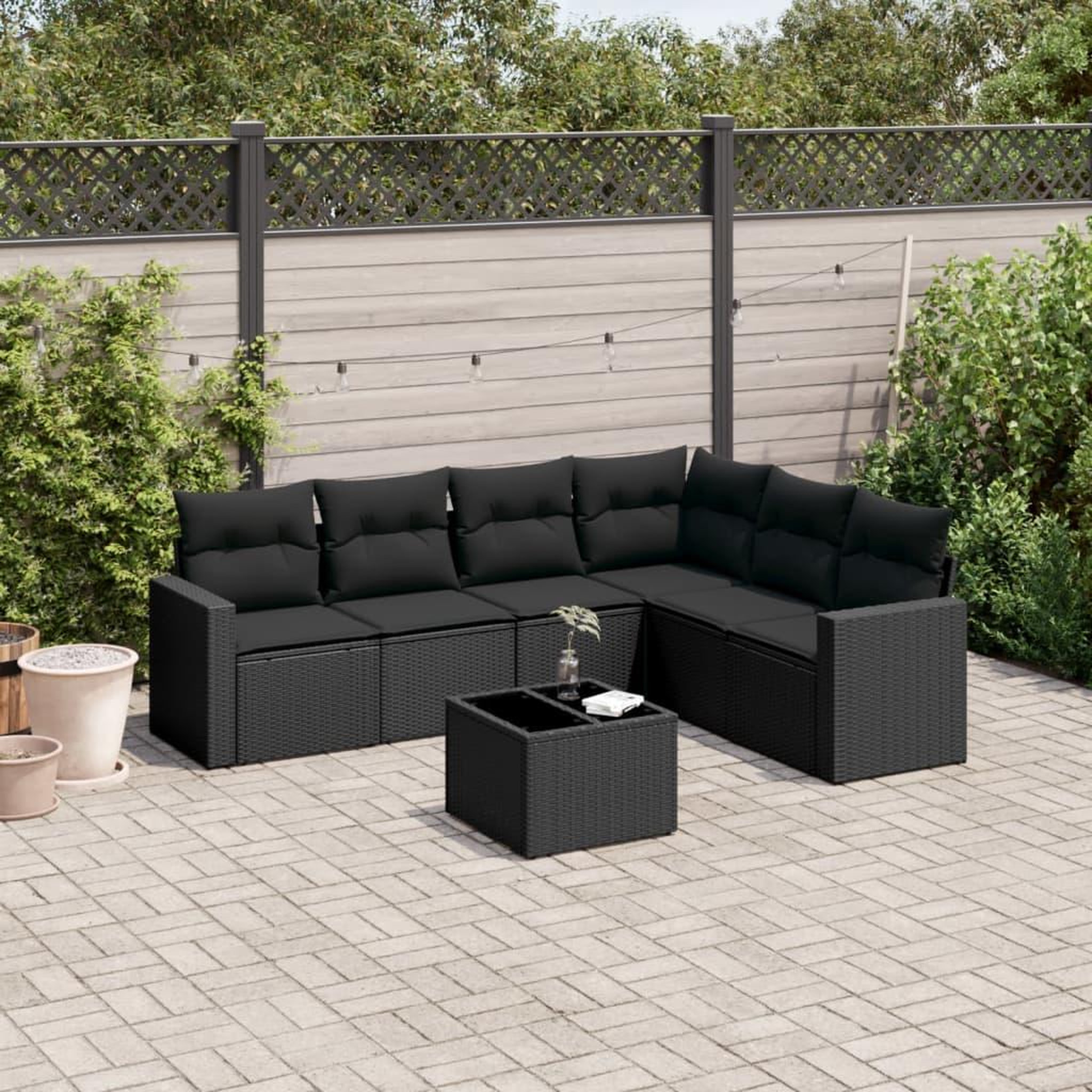 VIDAXL Salon de jardin 7 pcs avec coussins noir resine tressee