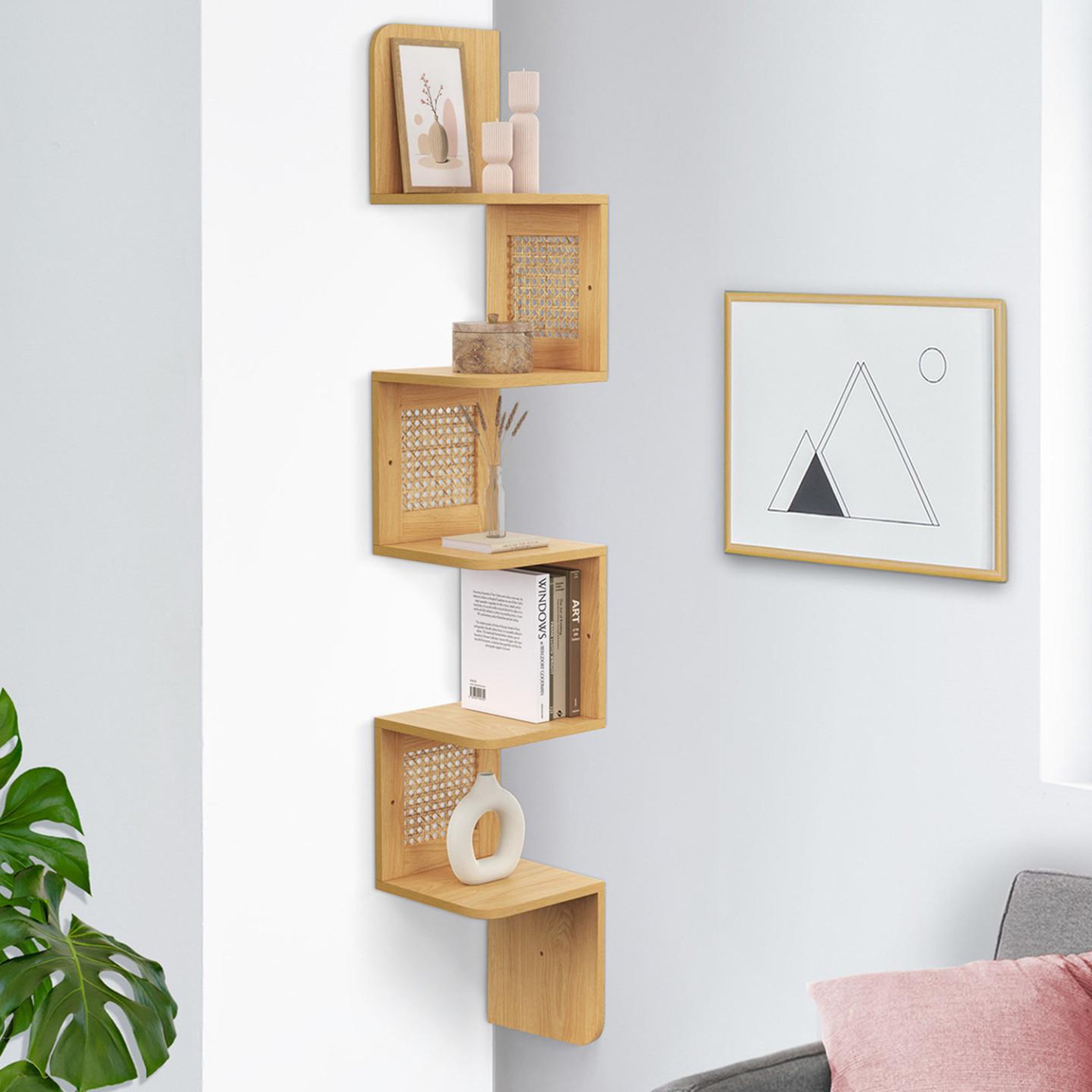 Voir la diapositive 2 : ID MARKET Etagère murale d'angle edhen 5 niveaux bois et cannage