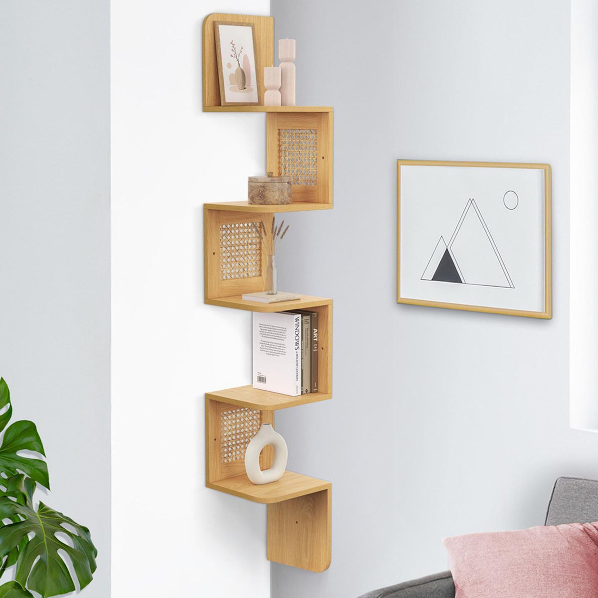 ID MARKET Etagère murale d'angle EDHEN 5 niveaux bois et cannage