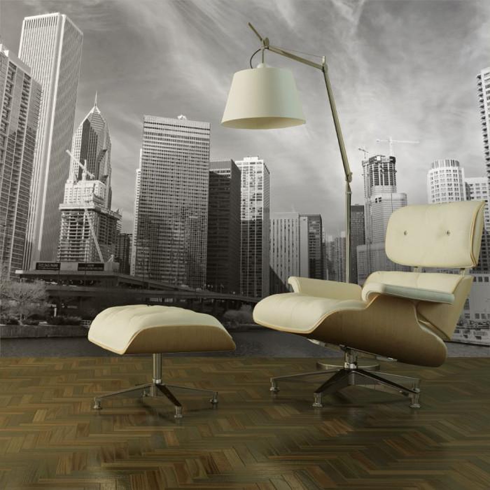 Paris Prix Papier Peint  Panorama de Chicago Noir & Blanc. Coloris disponibles : Multicolore