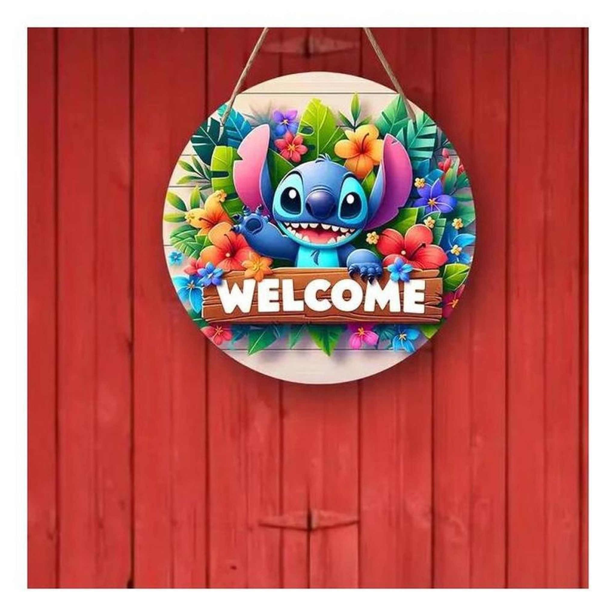 Voir la diapositive 3 : panneau décoratif suspendu rond WELCOME en bois imprimé multicolore, motif couture et personnage cartoon, fleurs et feuilles tropicales, pour portes et fenêtres, 20 cm