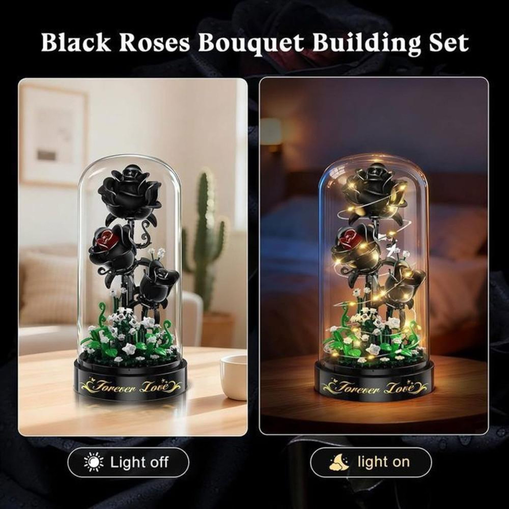 Voir la diapositive 3 : Bouquet de roses noires LED en coffret de construction, 232 mini-blocs 3,6 mm, dôme anti-poussière, pétales ajustables