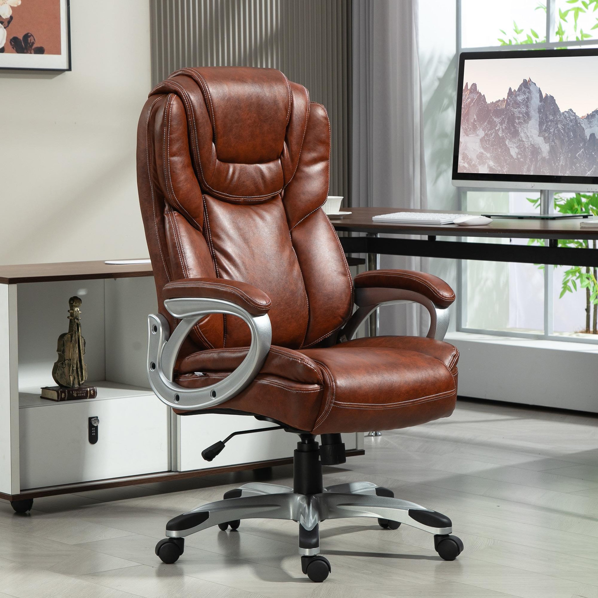 Voir la diapositive 2 : HOMCOM Chaise de bureau direction réglable grand confort - fonction bascule verrouillable - synthétique marron effet vieilli