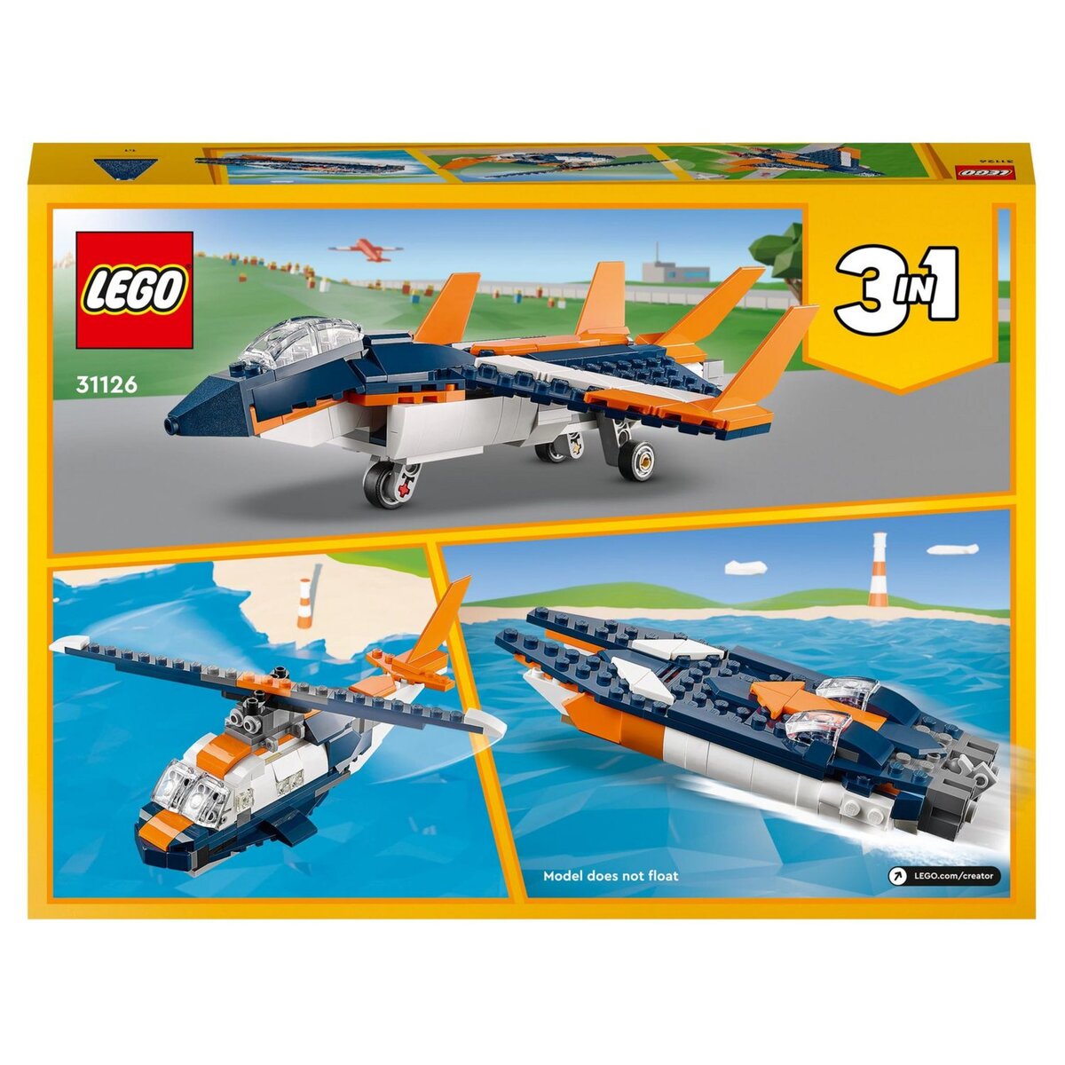LEGO Creator 31126 - L&rsquo;Avion Supersonique, Jouet 3 en 1 Hélicoptère Bateau Avion
