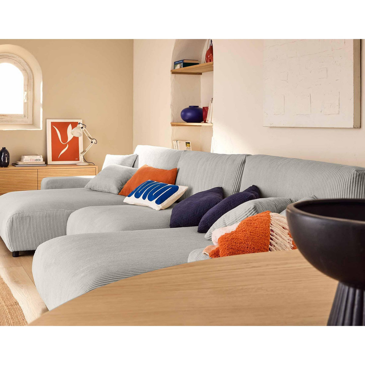 LISA DESIGN Pivoine - canapé panoramique en u - 7 places - convertible avec coffre - en velours côtelé