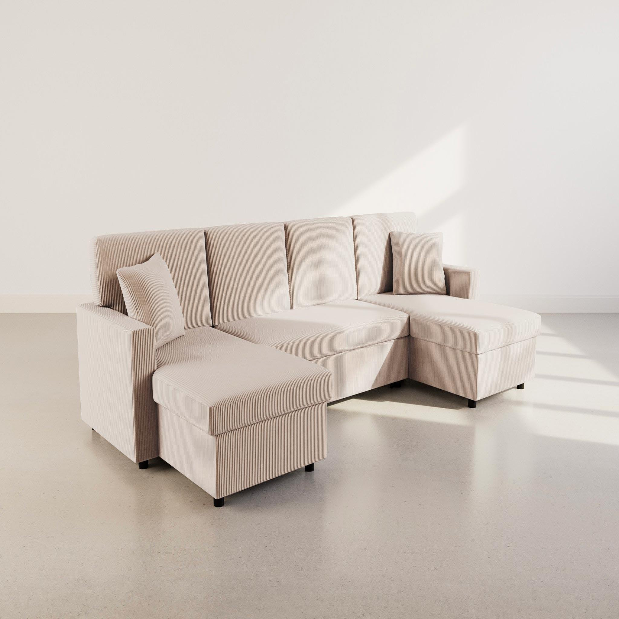Voir la diapositive 2 : BEST MOBILIER Meiya - canapé panoramique en u 7 places convertible avec coffre en velours côtelé