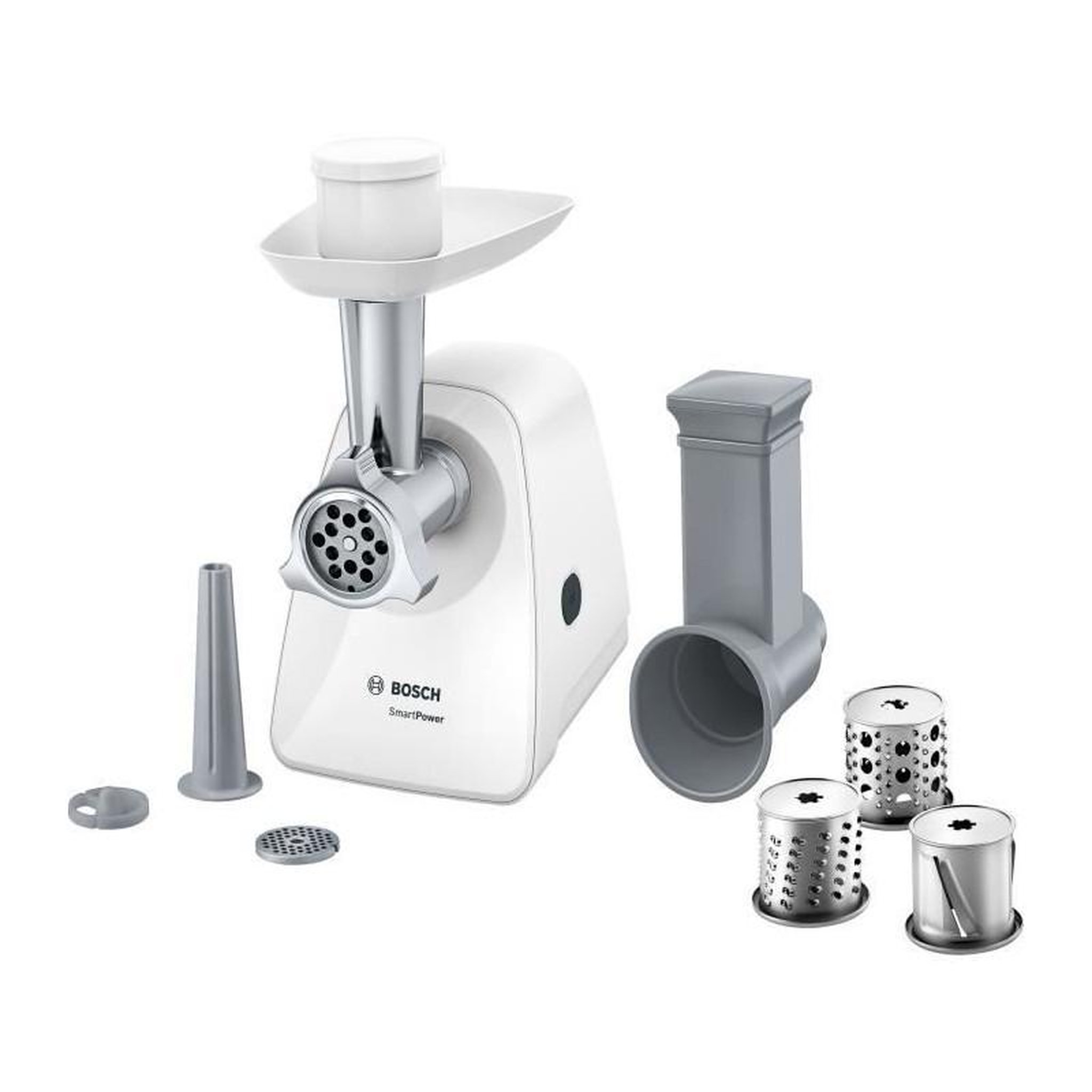 BOSCH Hachoir a viande - BOSCH - MFW2514W SmartPower - Blanc - moteur bloqué 1500 W - 1,7 kg/mn - 2 grilles de hachoir - râpeur/émi